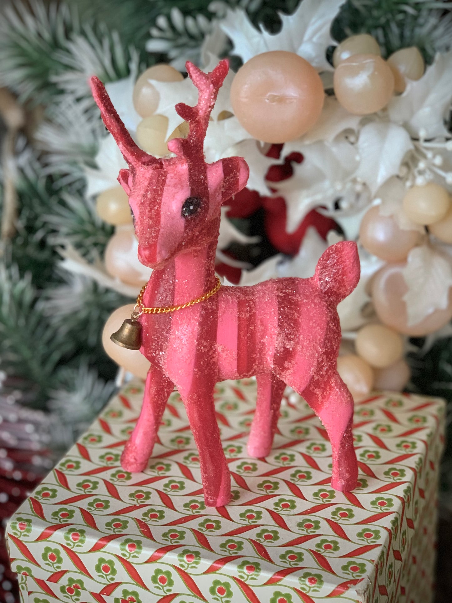 Vintage pink red striped glitter reindeer