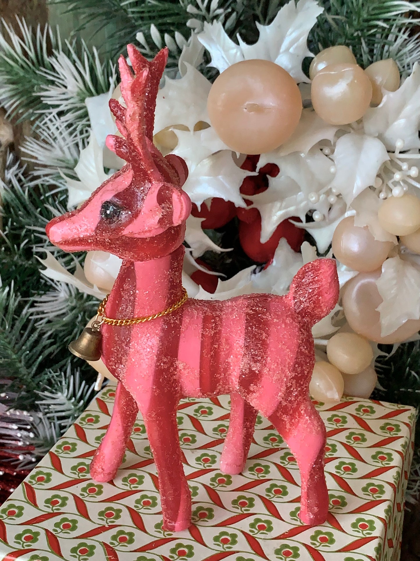 Vintage pink red striped glitter reindeer