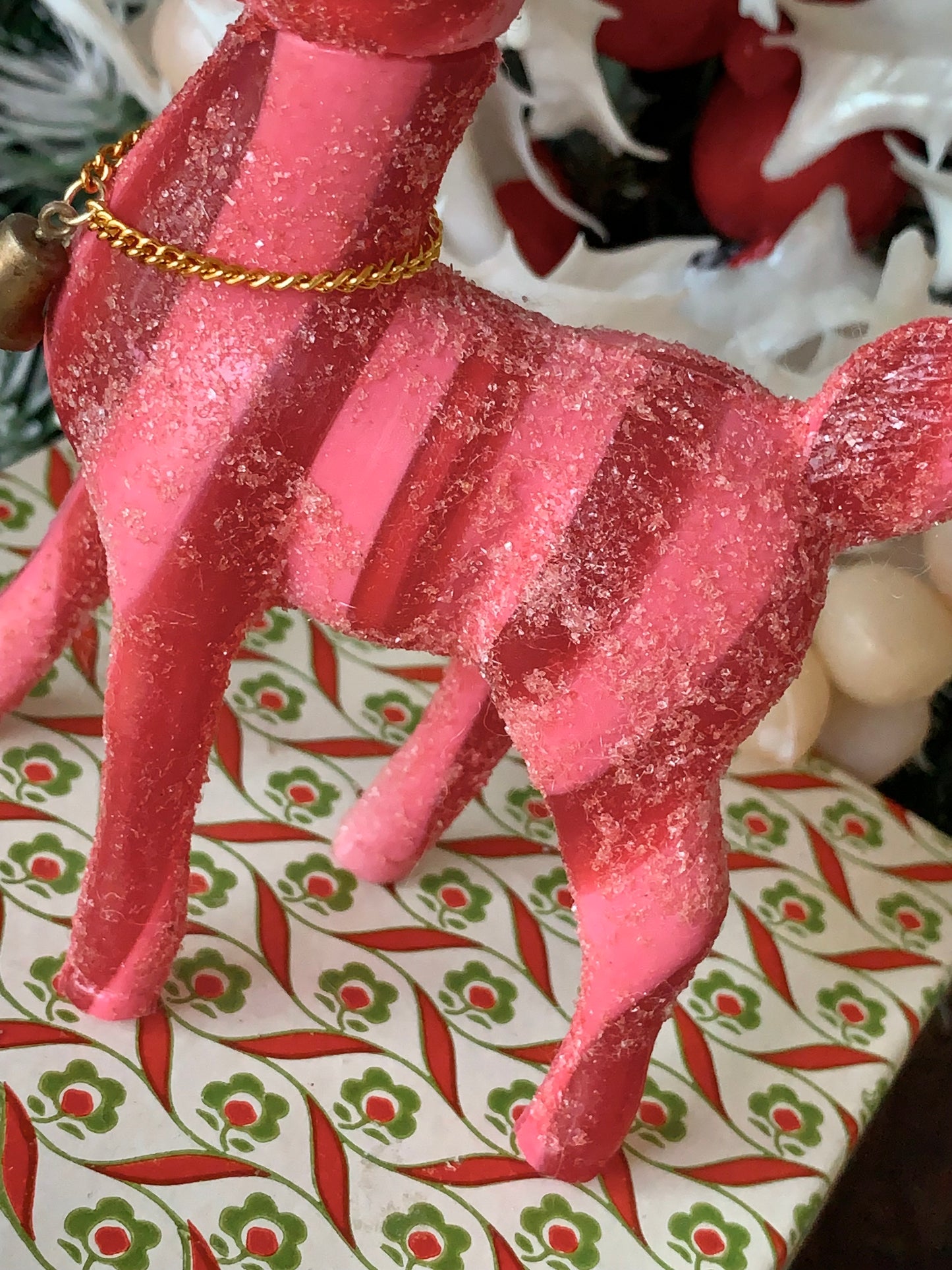 Vintage pink red striped glitter reindeer