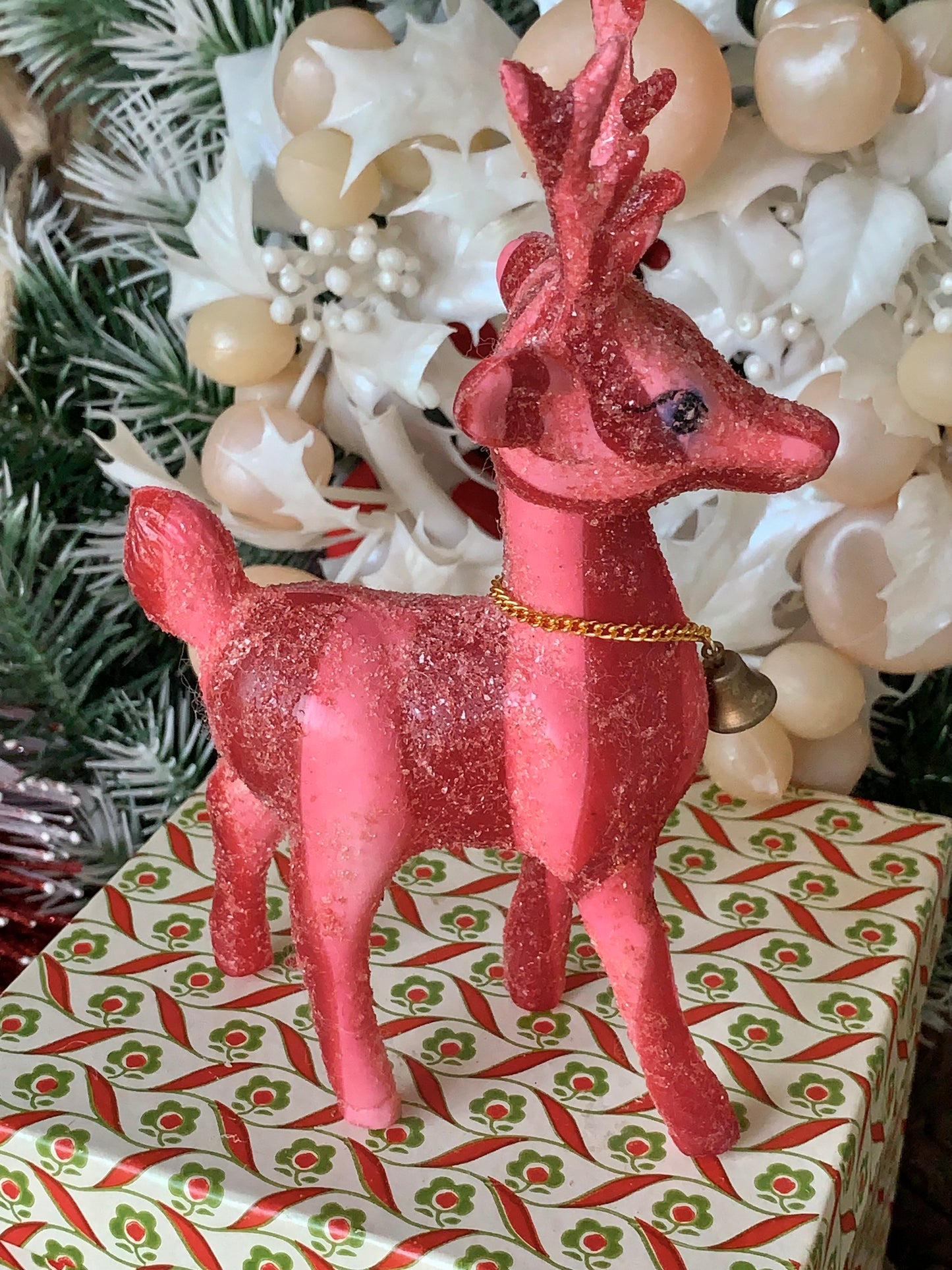Vintage pink red striped glitter reindeer