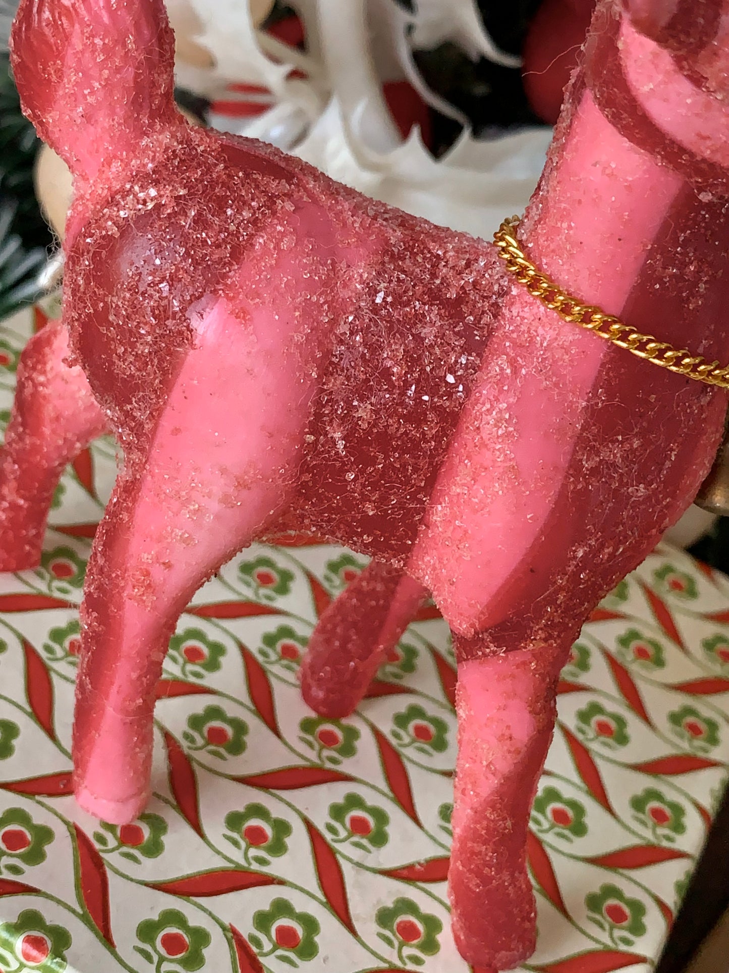 Vintage pink red striped glitter reindeer