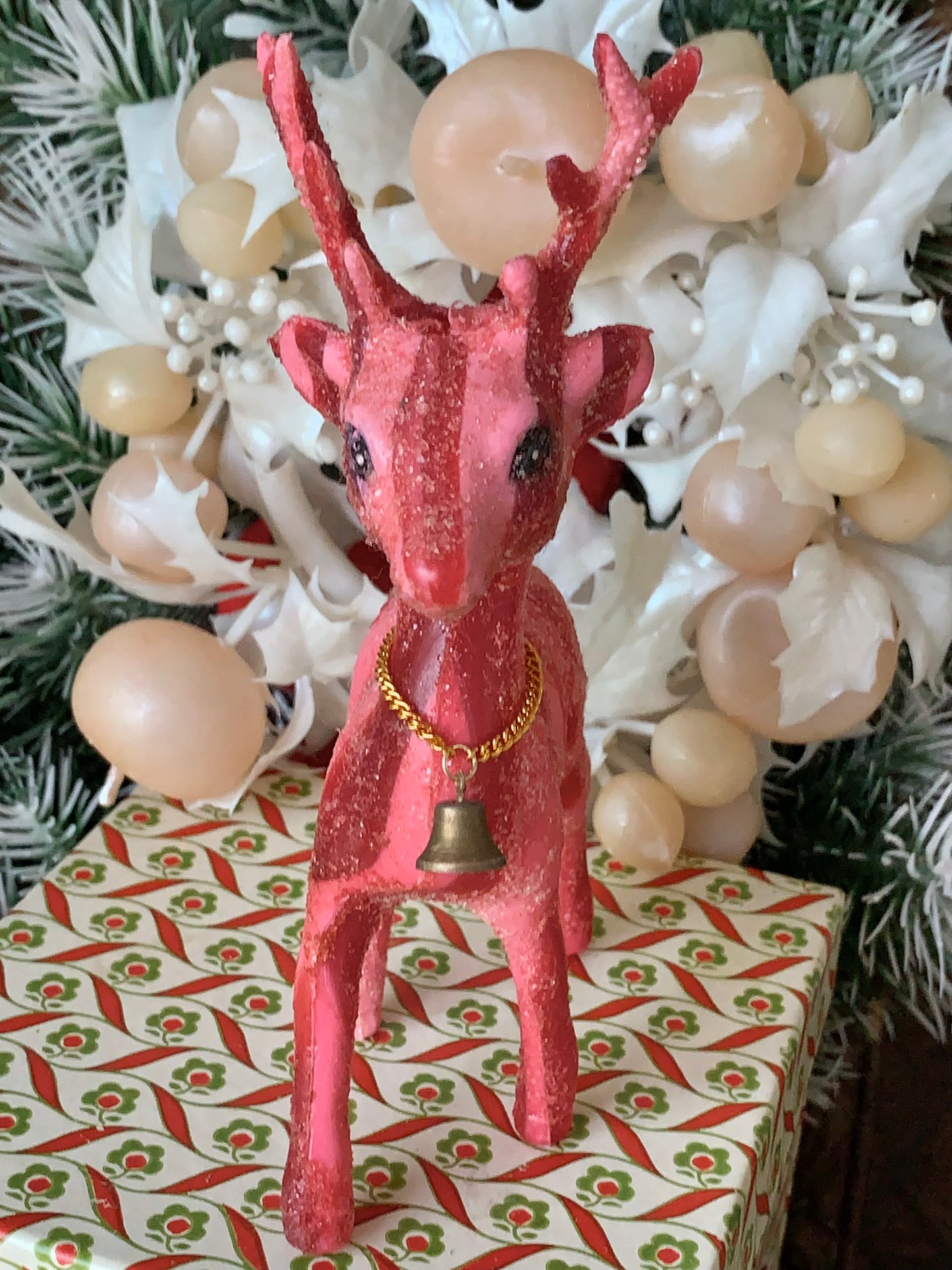 Vintage pink red striped glitter reindeer