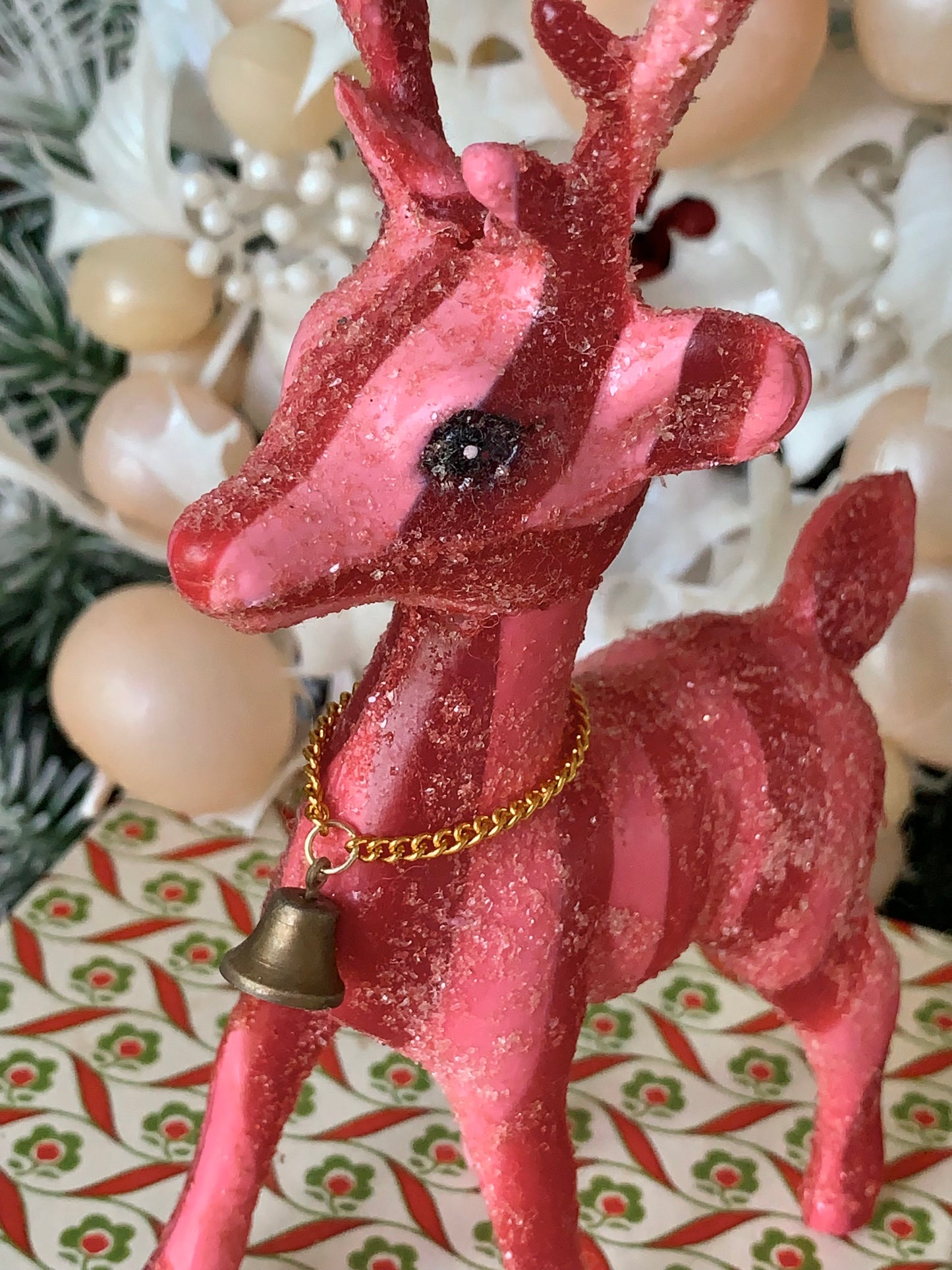 Vintage pink red striped glitter reindeer