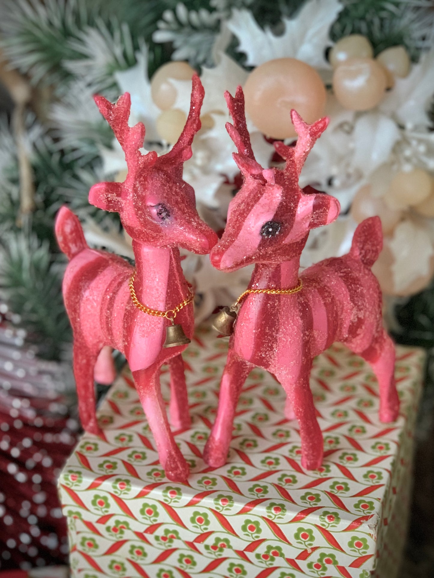 Vintage pink red striped glitter reindeer