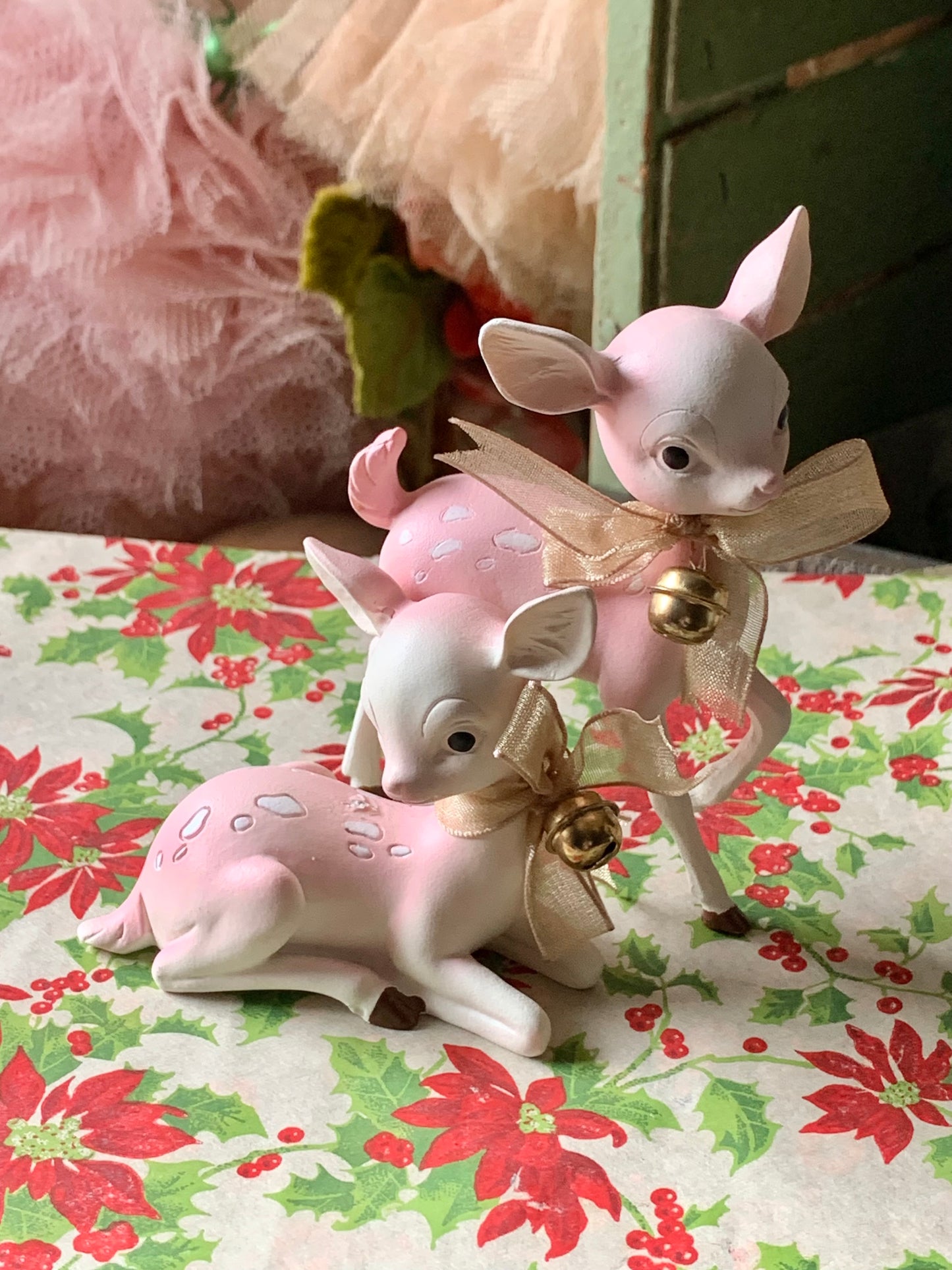 Pink Christmas reindeer small deer figurine