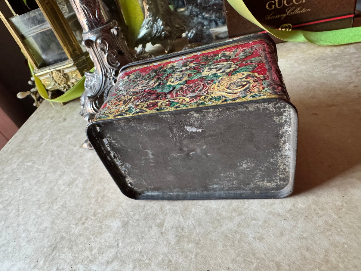 Antique tea tin Russian floral embossed box