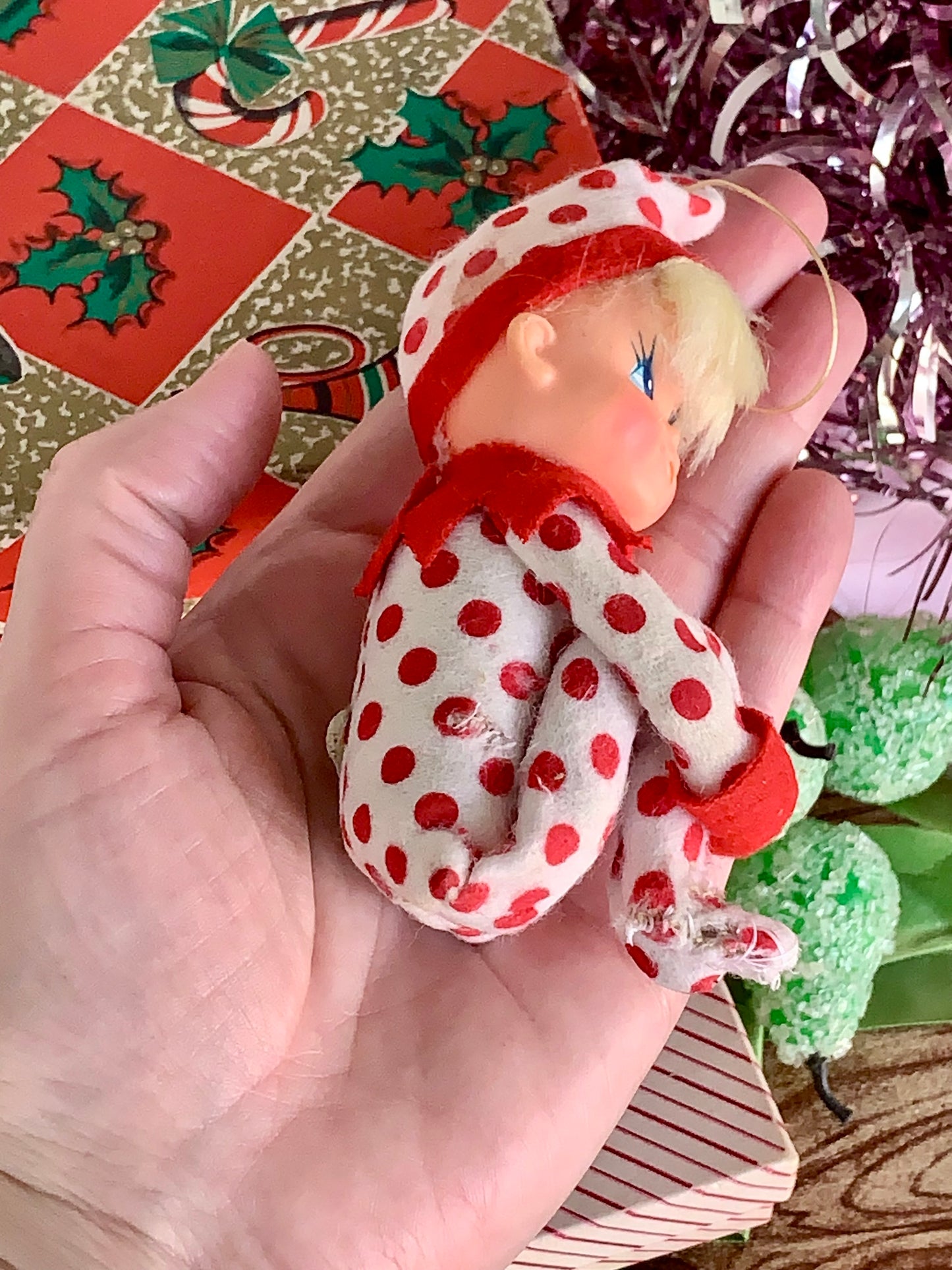 Vintage polka dot knee hugger elf blond girl pixie