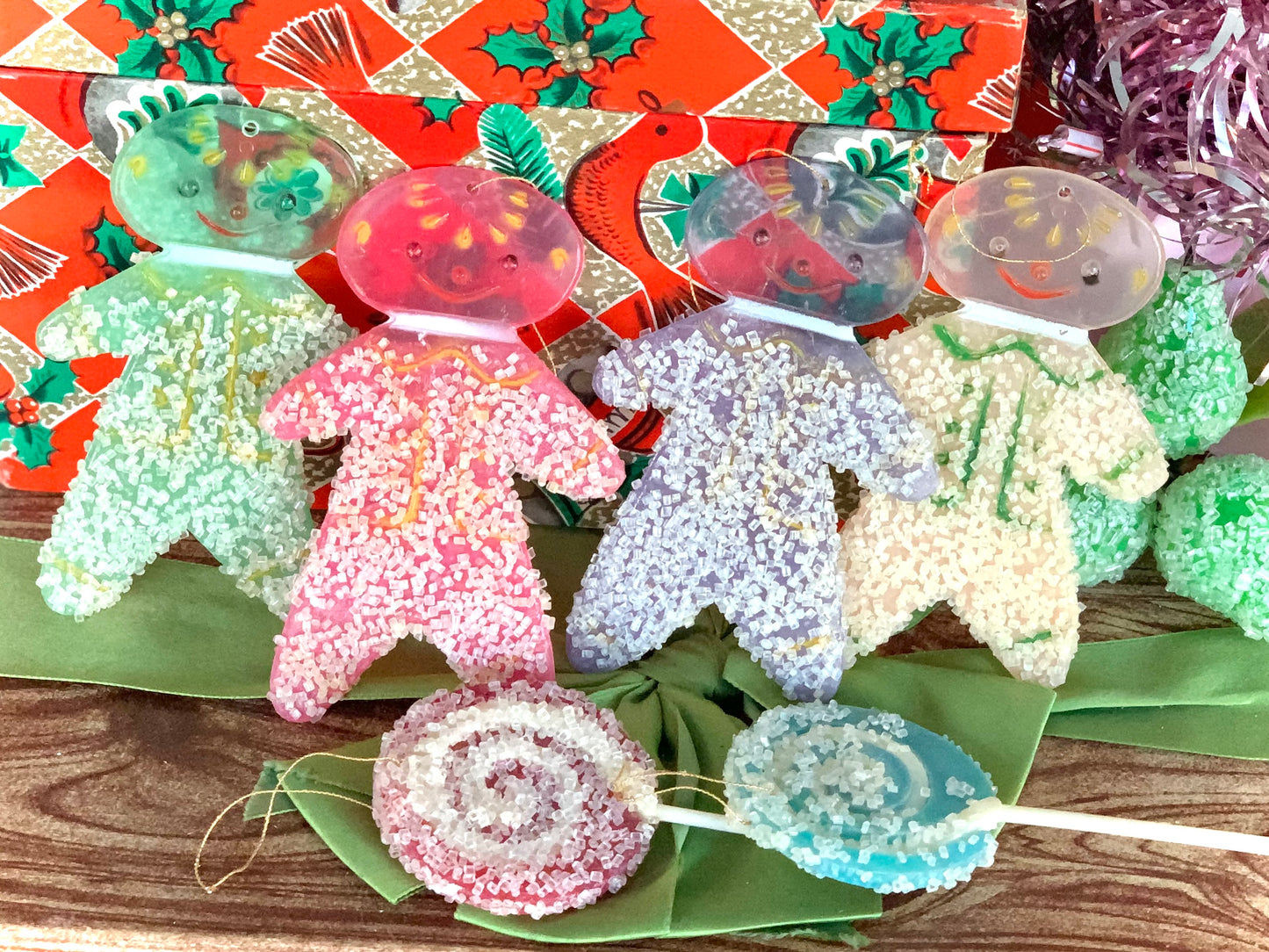 Vintage frosted sugar lollipop ornaments plastic candy set