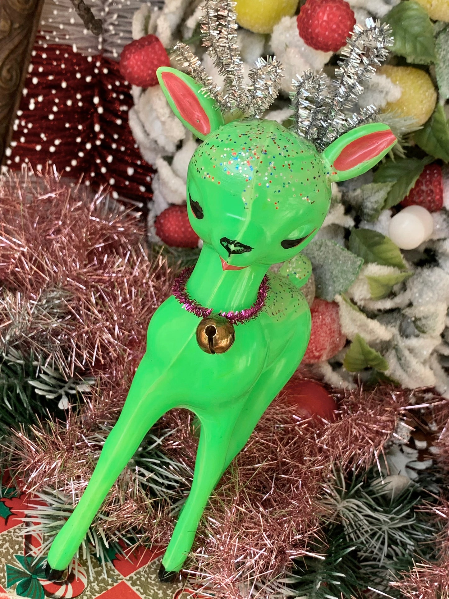 Vintage green plastic Christmas reindeer