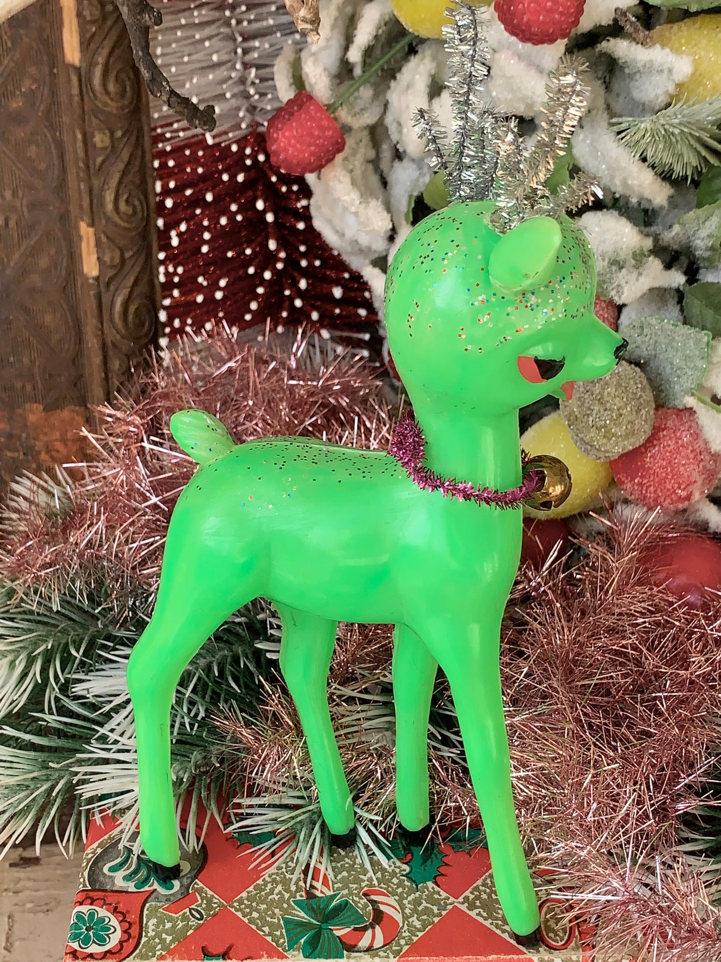 Vintage green plastic Christmas reindeer