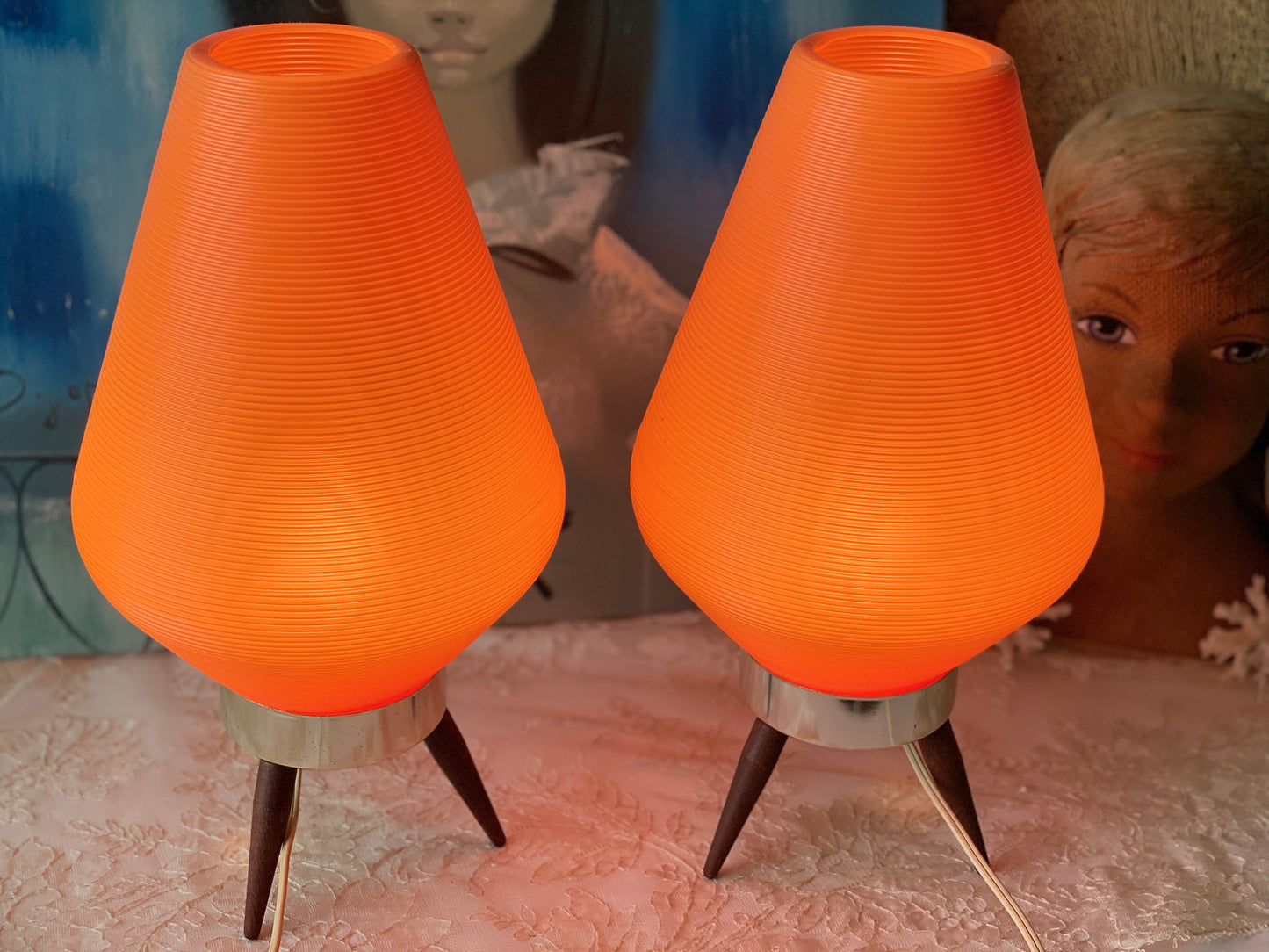Vintage pair orange beehive lamps mid century lights