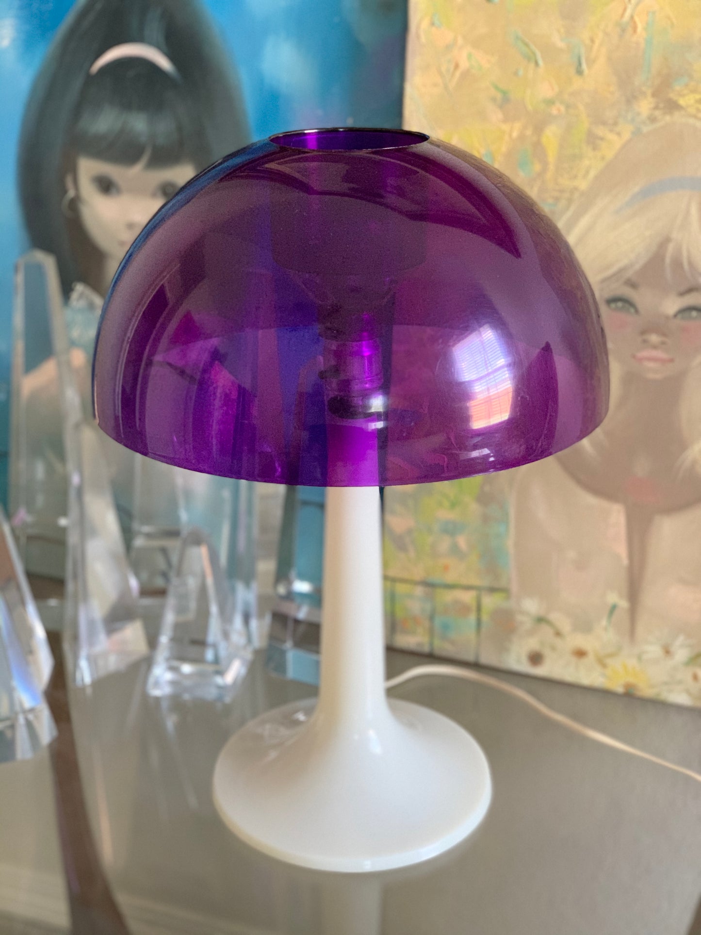 Mid century mushroom lamp Softlite purple white retro atomic table light