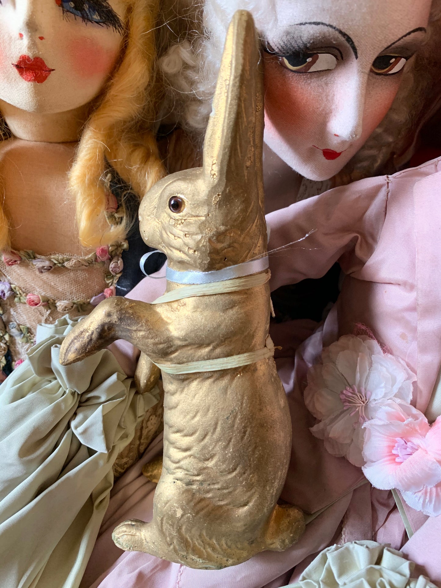 Vintage gold Easter rabbit bunny decoration with glass eyes