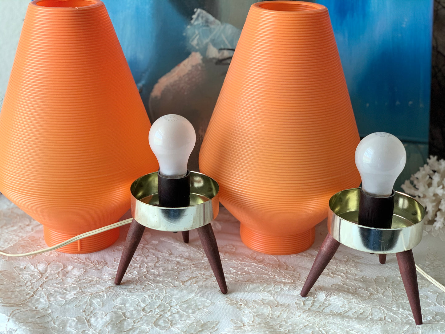 Vintage pair orange beehive lamps mid century lights