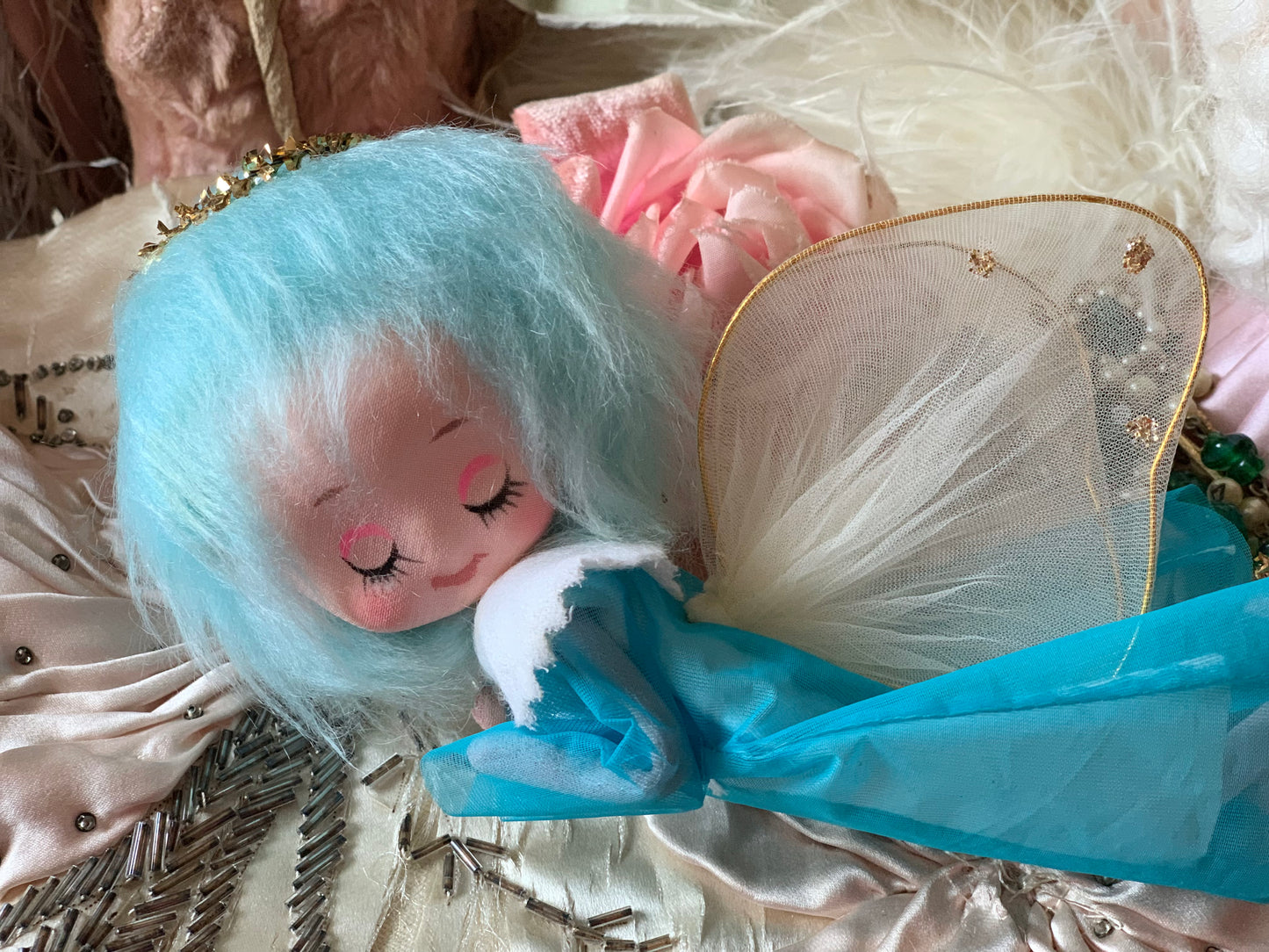 Vintage blue hair angel ornament