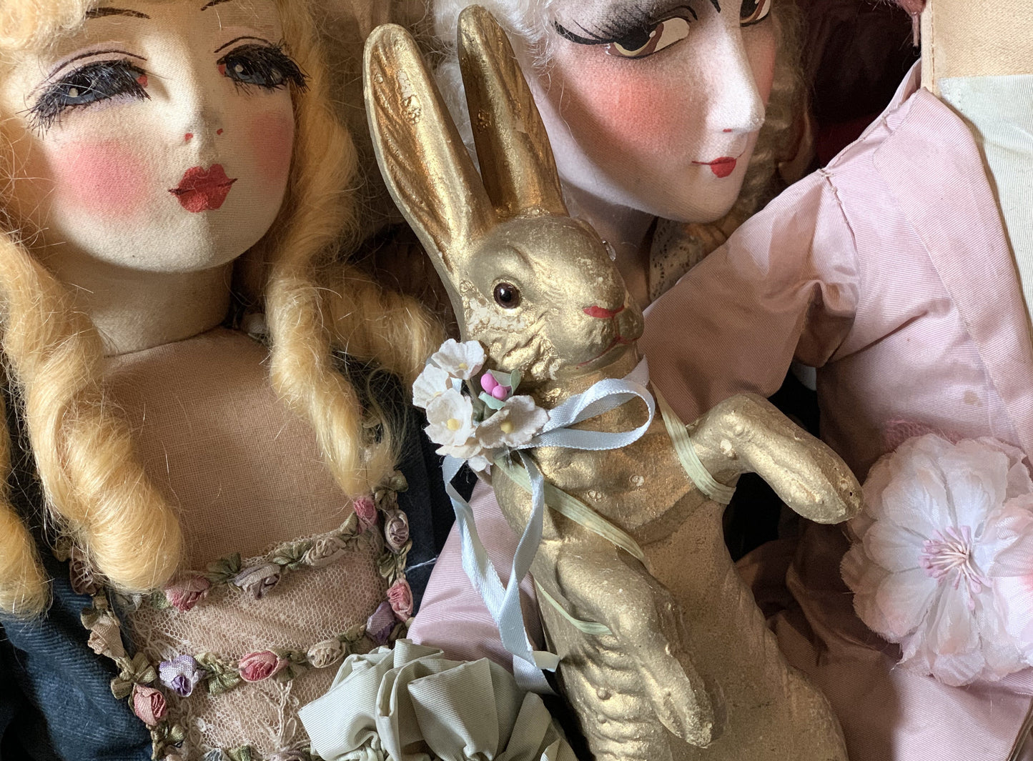 Vintage gold Easter rabbit bunny decoration with glass eyes