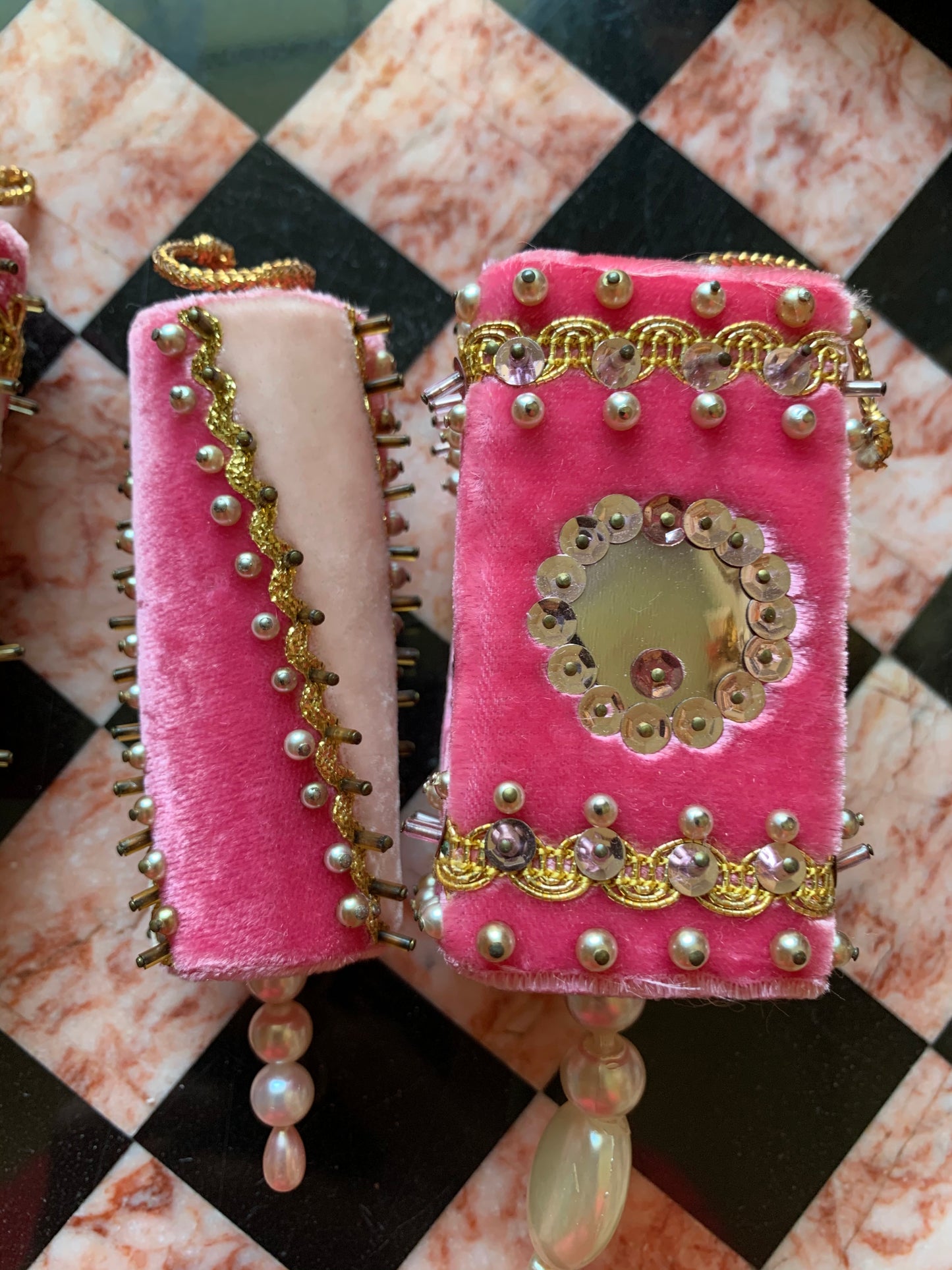 Vintage set pink velvet beaded handmade retro Christmas ornaments