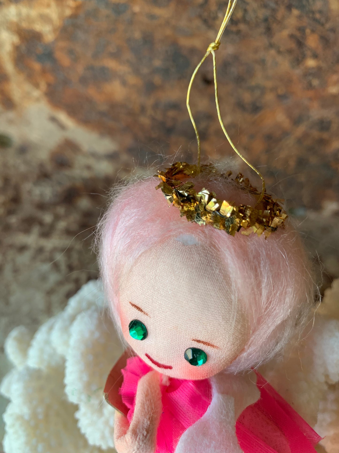 Vintage mini pink hair angel ornament Christmas pixie