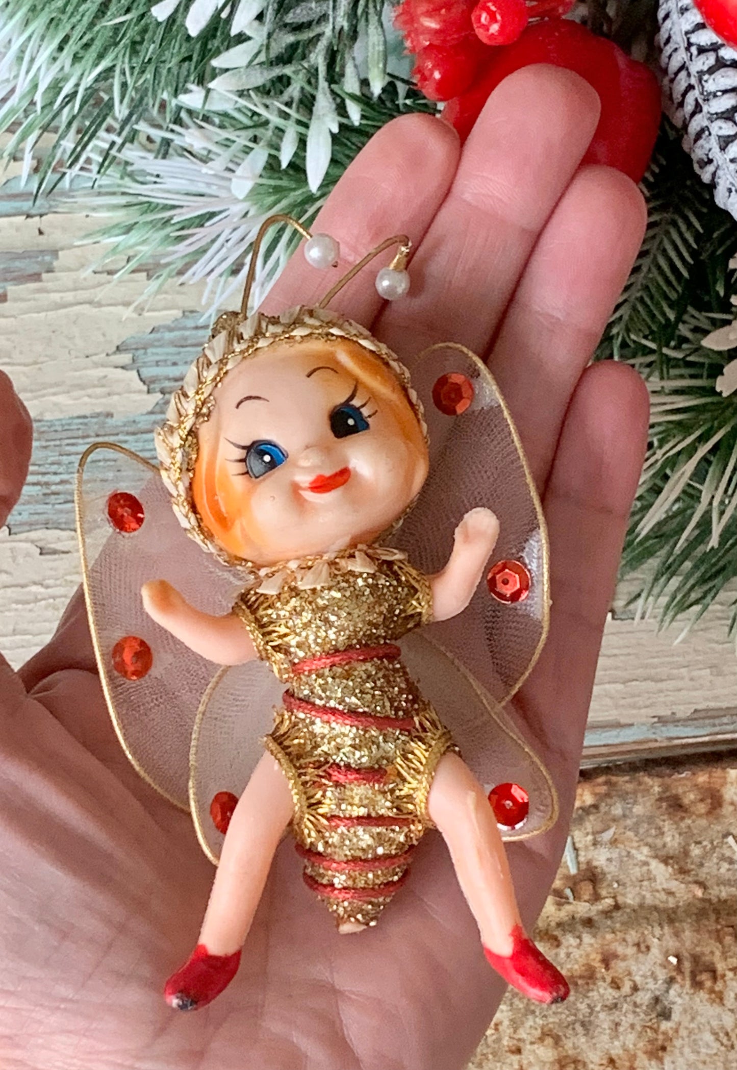 Vintage anthropomorphic pixie wasp ornament
