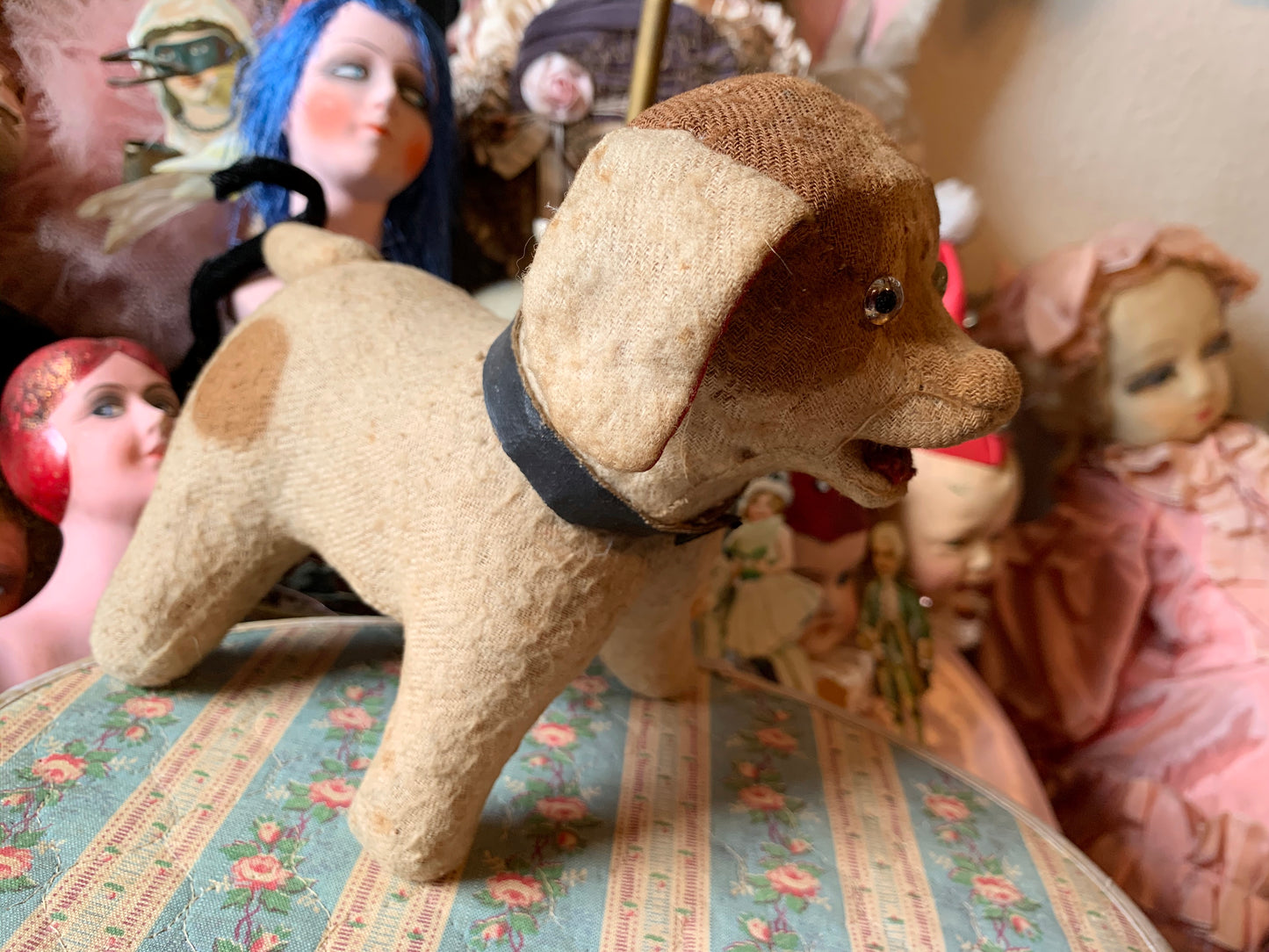 Vintage stuffed toy dog straw stuffed puppy rattle with glass eyes