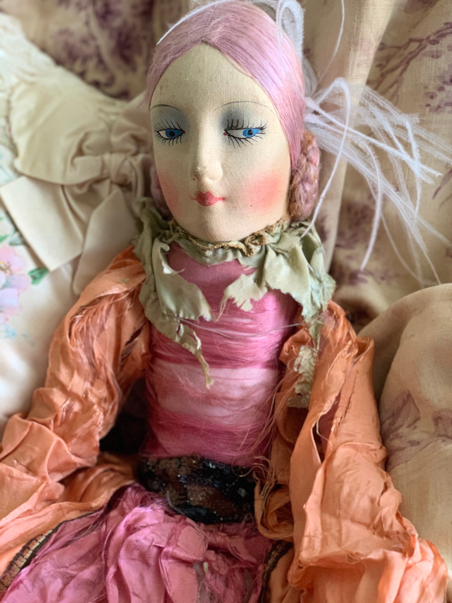 Vintage pink lavender hair flapper boudoir doll French style bed doll
