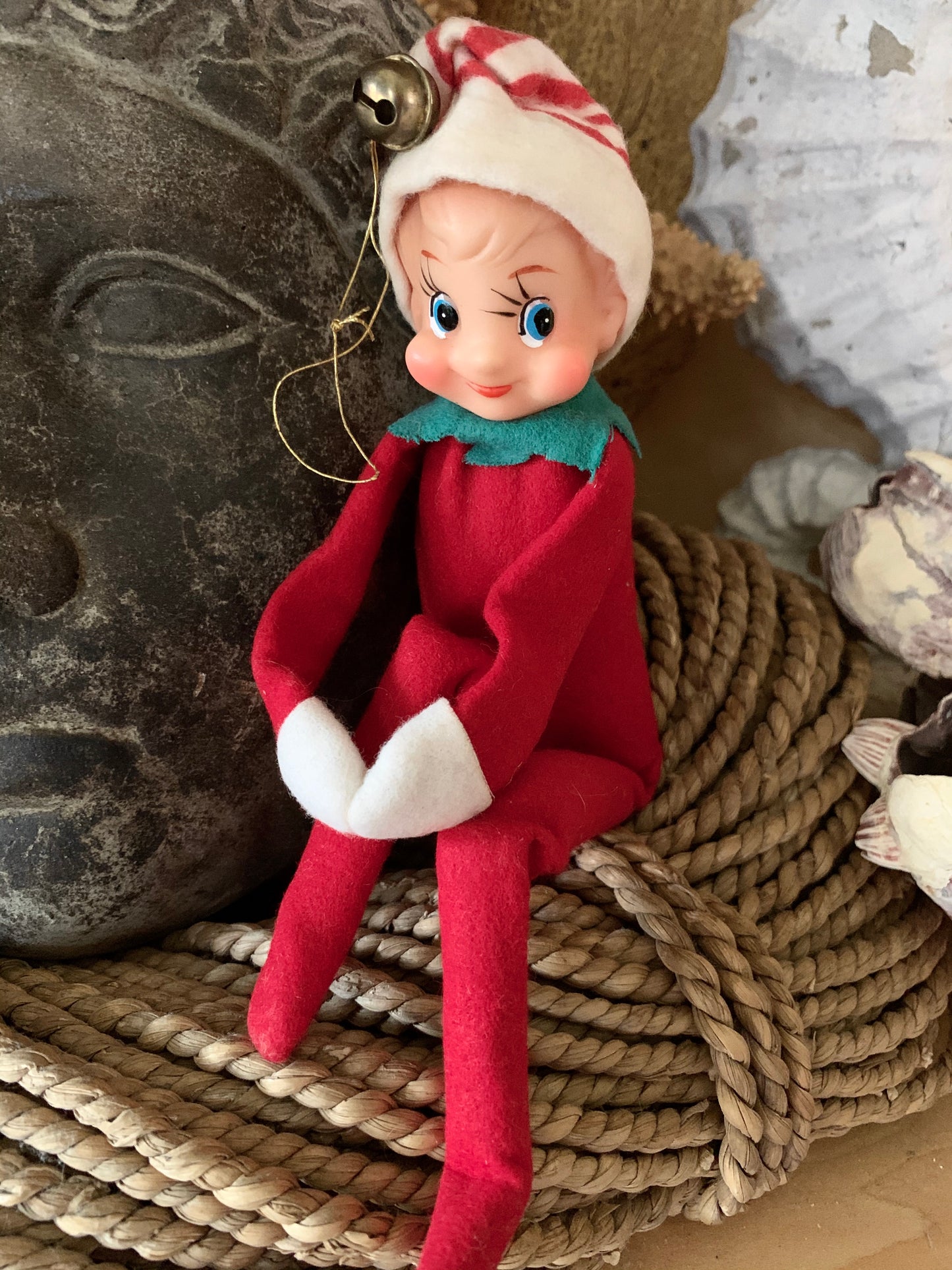 Vintage knee hugger elf Christmas shelf sitter pixie