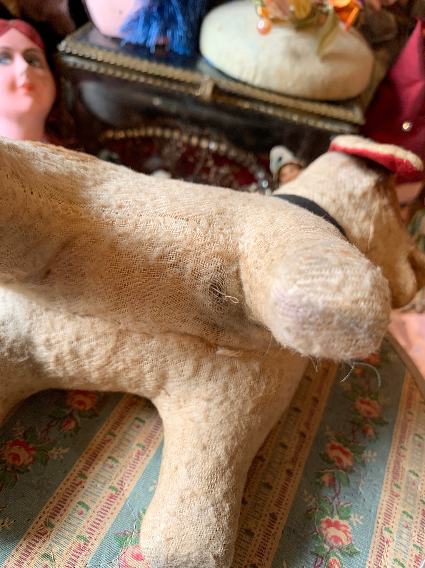 Vintage stuffed toy dog straw stuffed puppy rattle with glass eyes