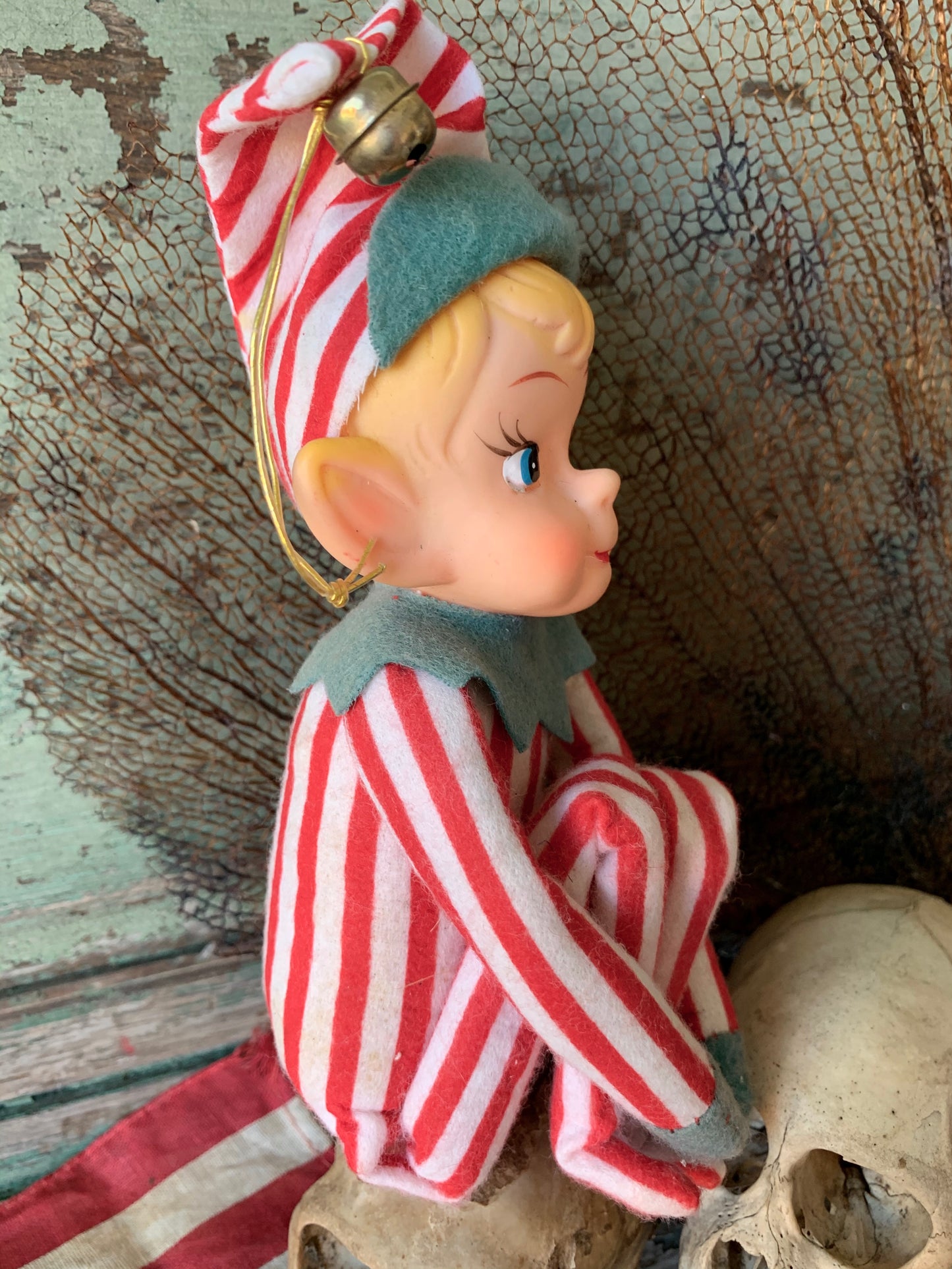 Vintage knee hugger elf red striped Christmas shelf sitter pixie