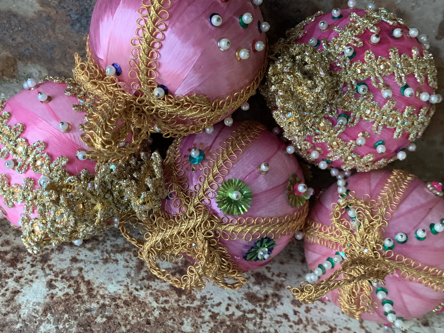 Vintage pink beaded Christmas ornaments