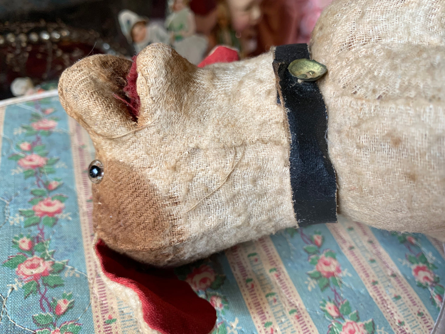 Vintage stuffed toy dog straw stuffed puppy rattle with glass eyes