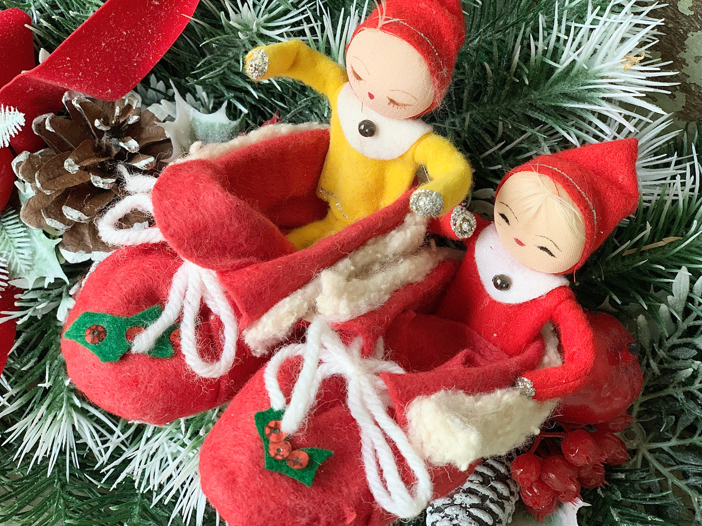 Vintage pair mini elves in boots Christmas pixies