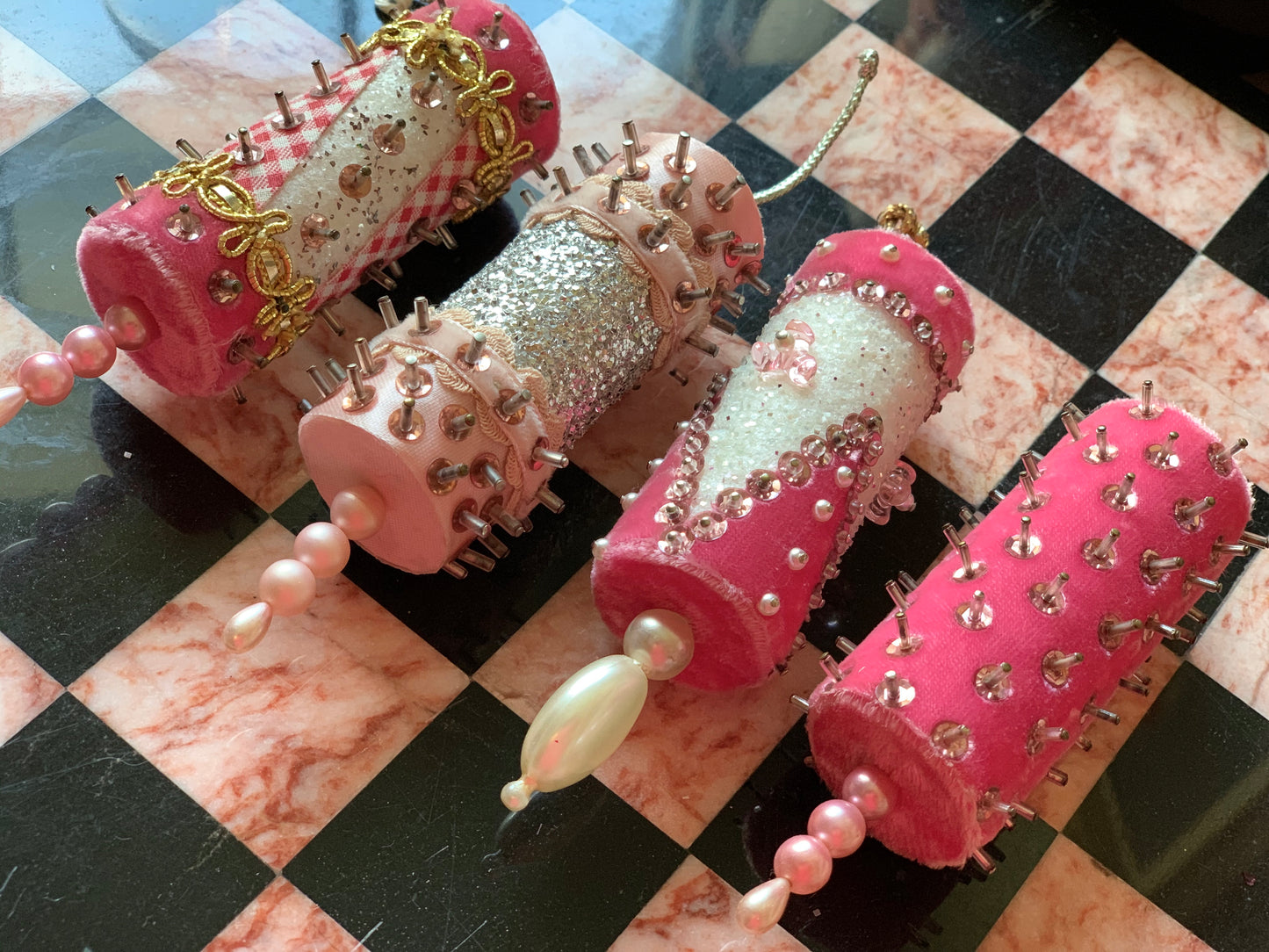 Vintage set pink velvet beaded handmade Christmas ornaments