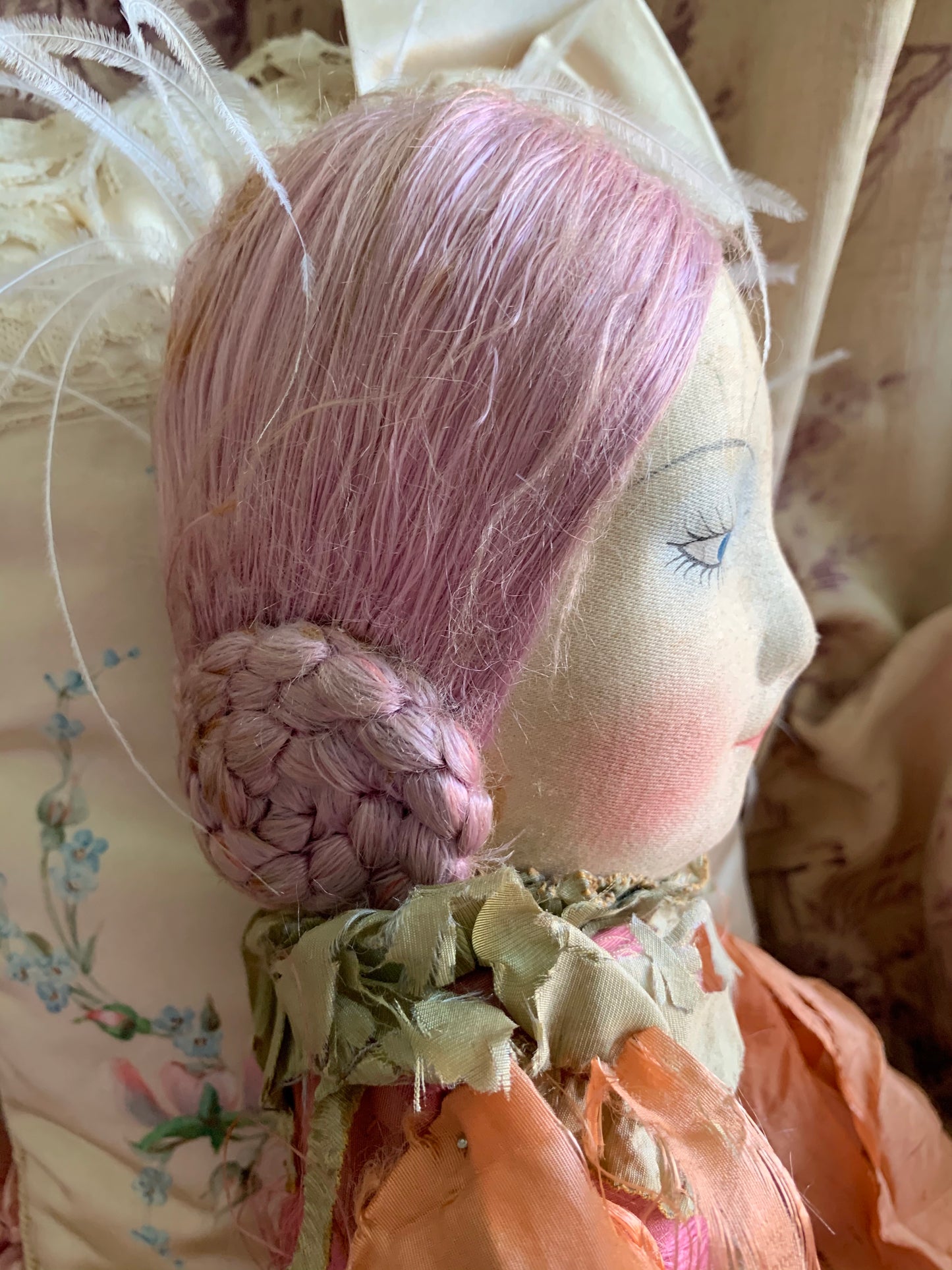 Vintage pink lavender hair flapper boudoir doll French style bed doll