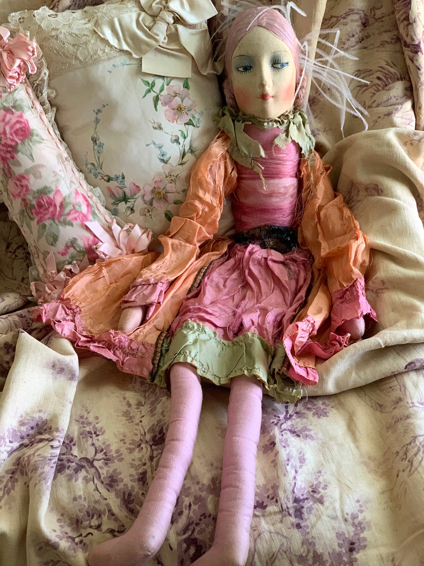 Vintage pink lavender hair flapper boudoir doll French style bed doll