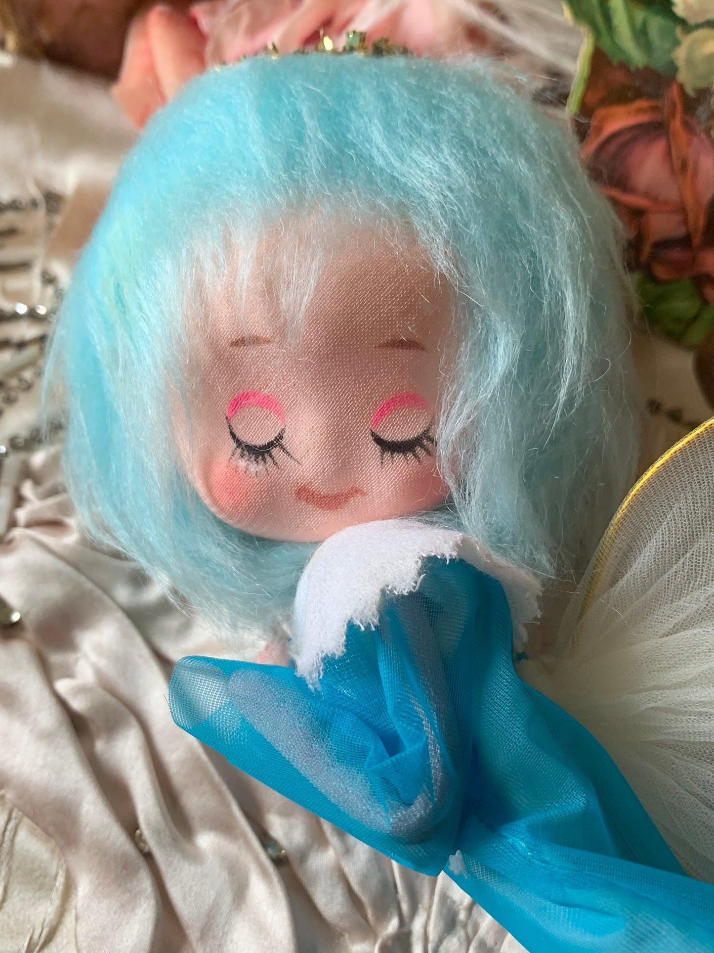 Vintage blue hair angel ornament