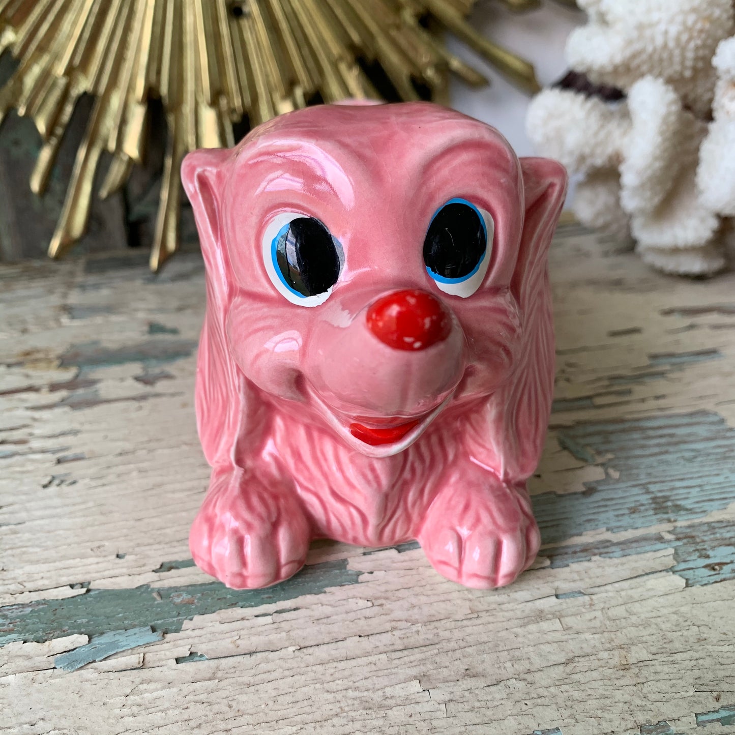 Vintage cute pink puppy ceramic Japan planter