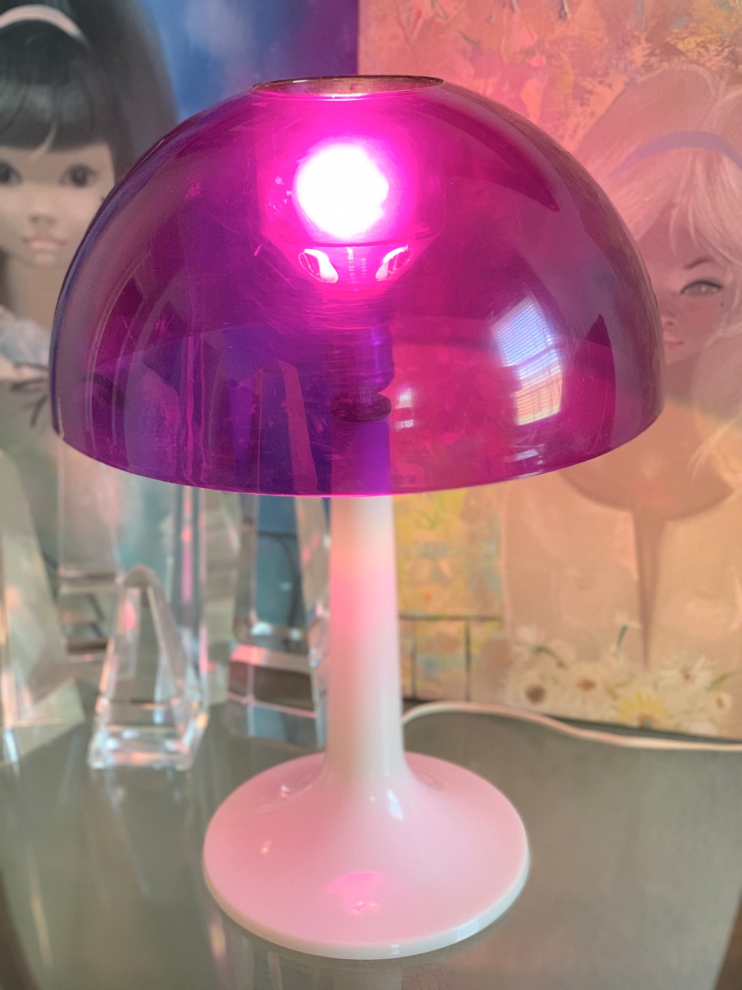 Mid century mushroom lamp Softlite purple white retro atomic table light