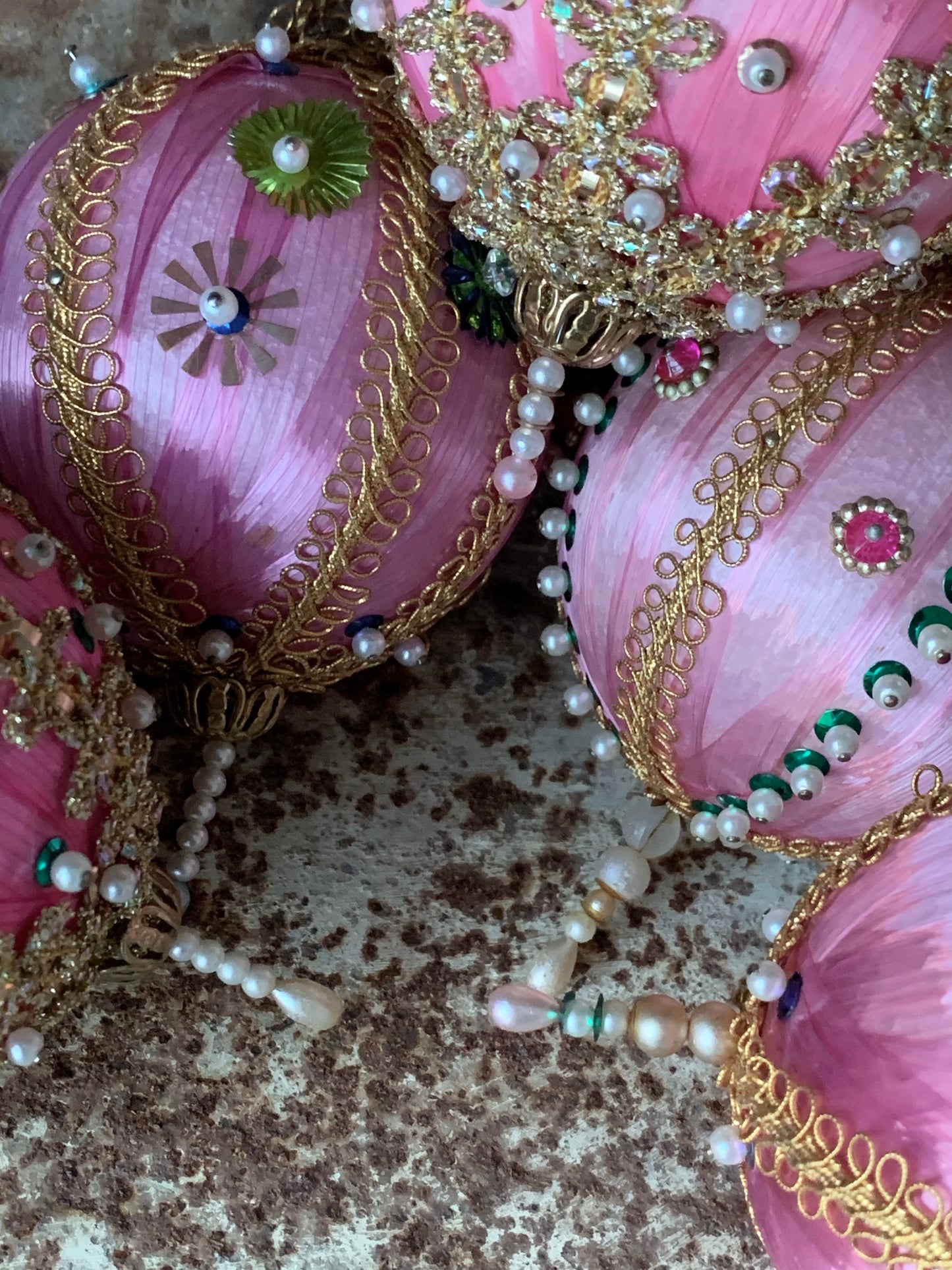 Vintage pink beaded Christmas ornaments