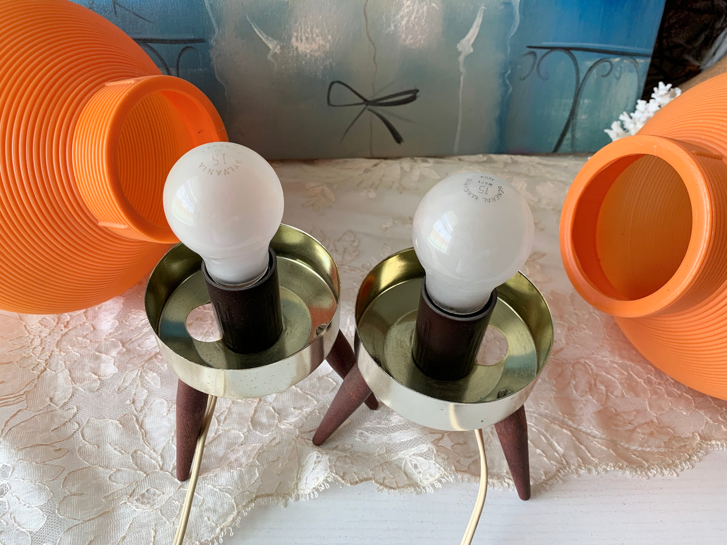 Vintage pair orange beehive lamps mid century lights