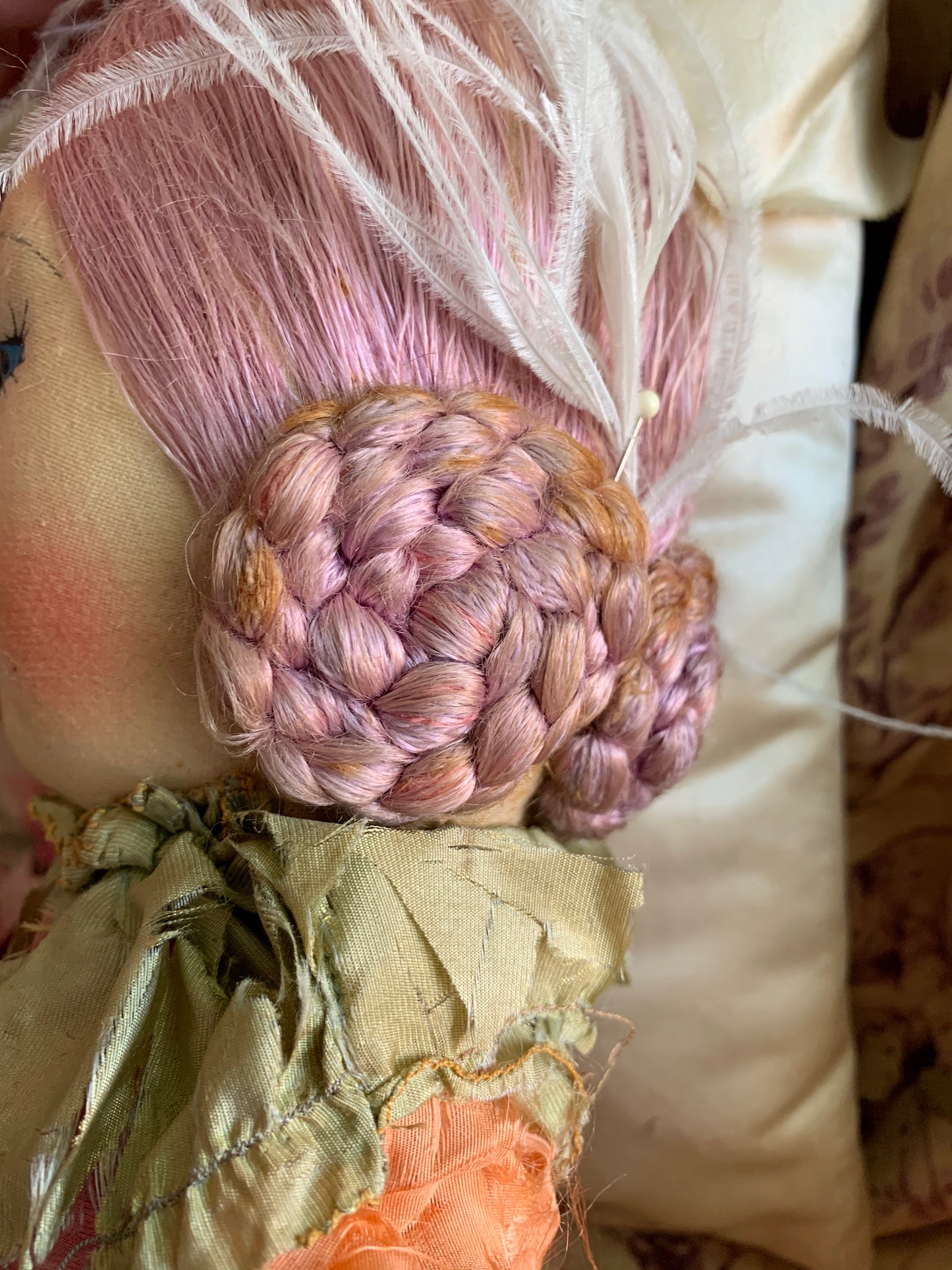 Vintage pink lavender hair flapper boudoir doll French style bed doll