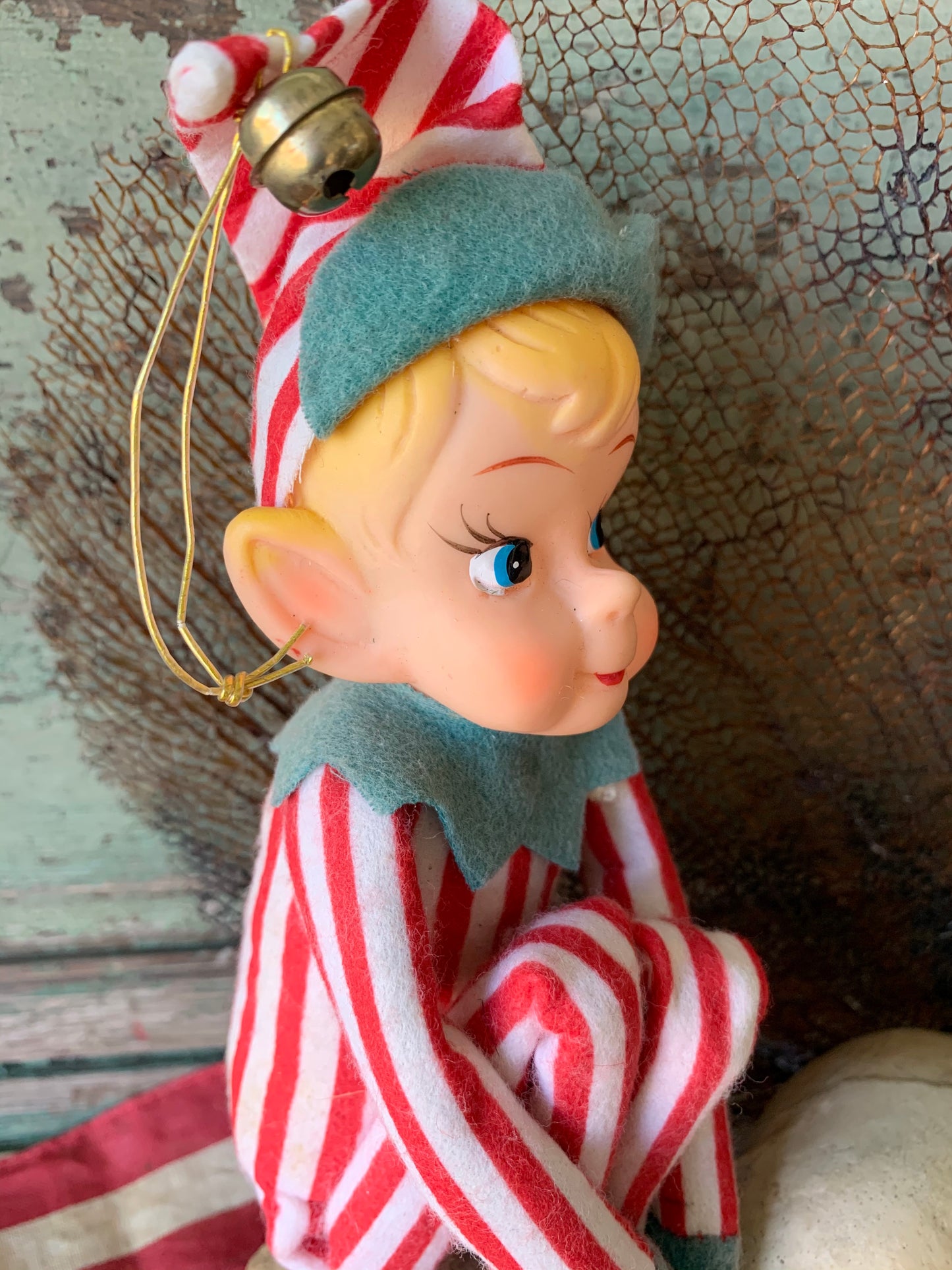 Vintage knee hugger elf red striped Christmas shelf sitter pixie