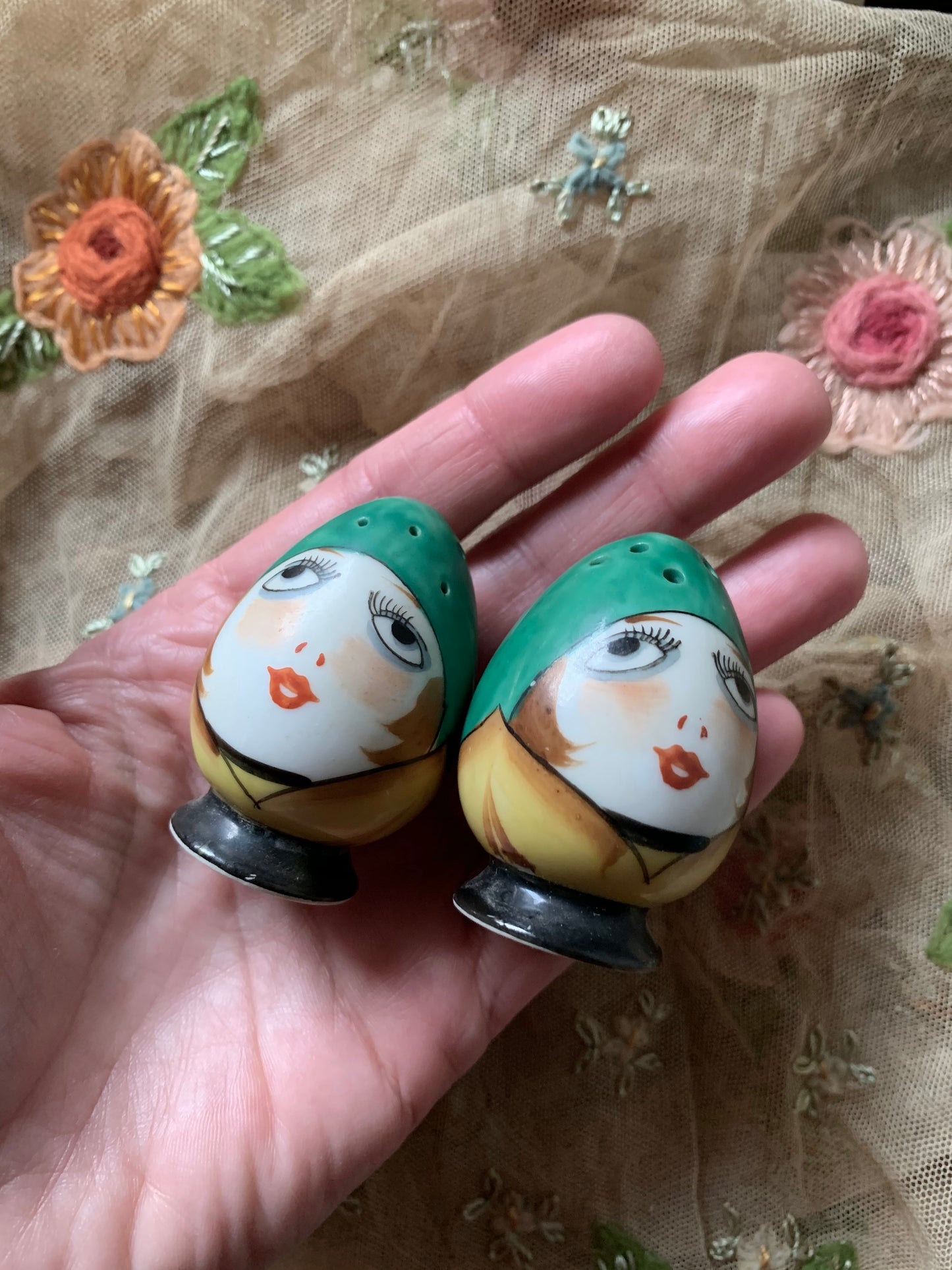 Vintage pair Noritake flapper girl shakers