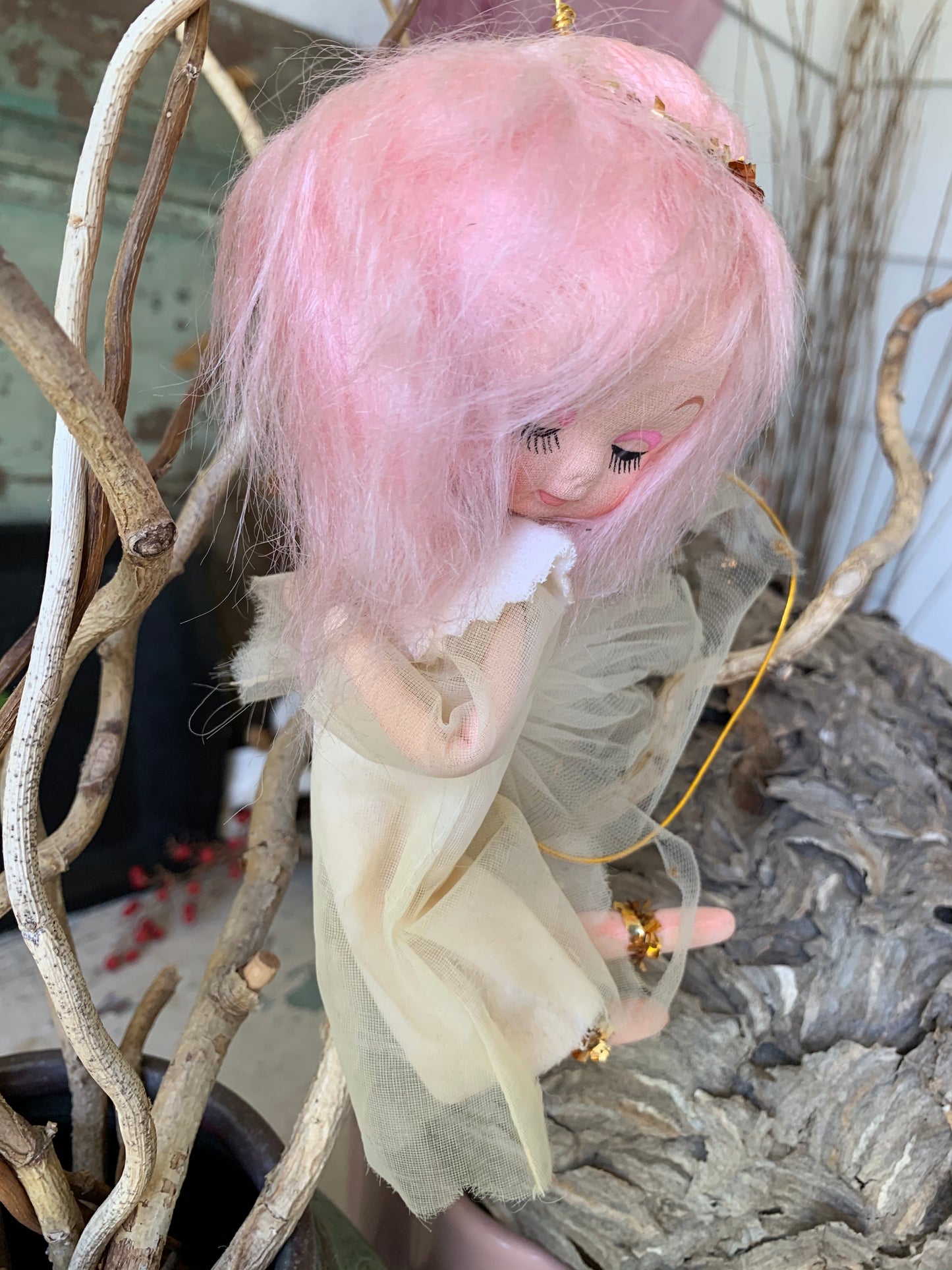 Vintage pink hair shabby Christmas angel