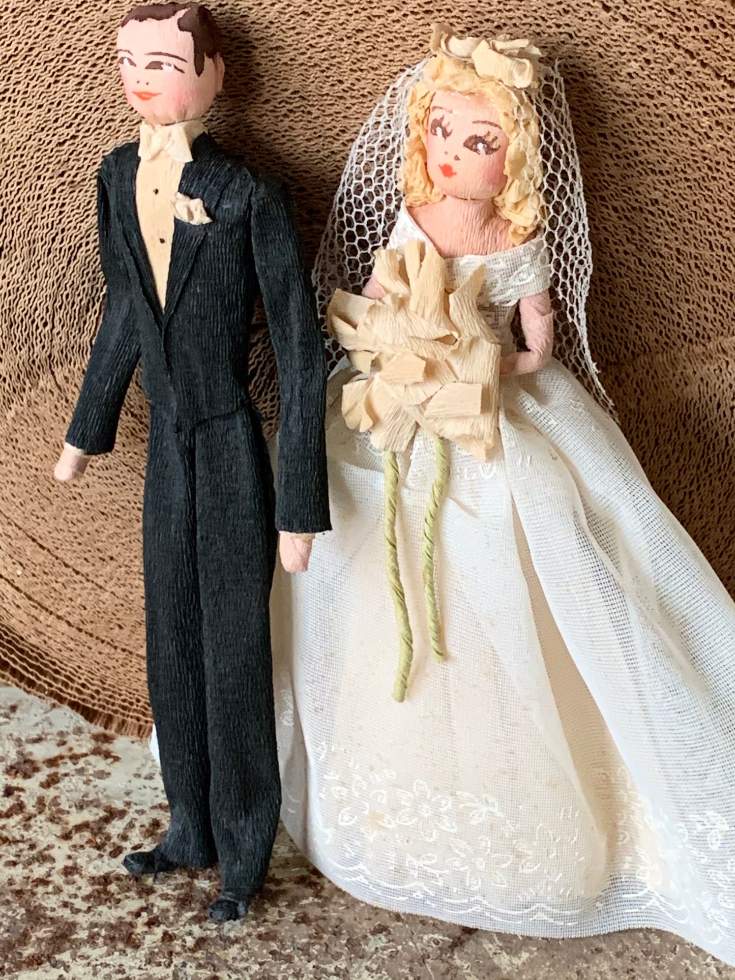 Vintage crepe paper wedding topper couple