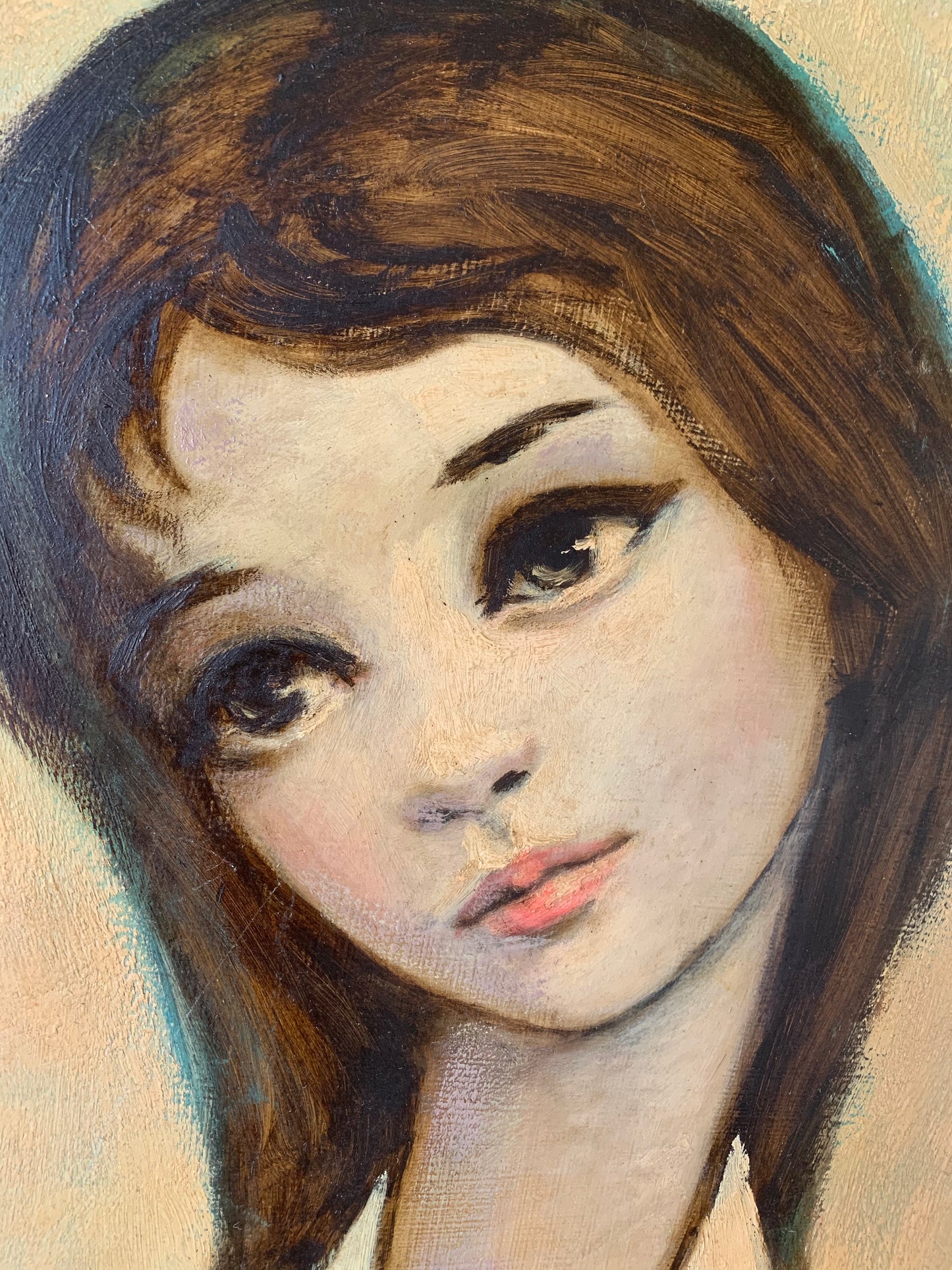 Vintage original Allen Brent painting big eye girl with kitten