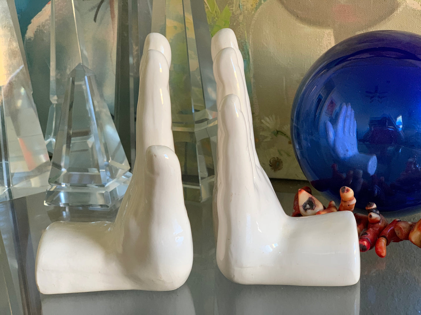 Vintage pair white figural hand bookends modern statue set