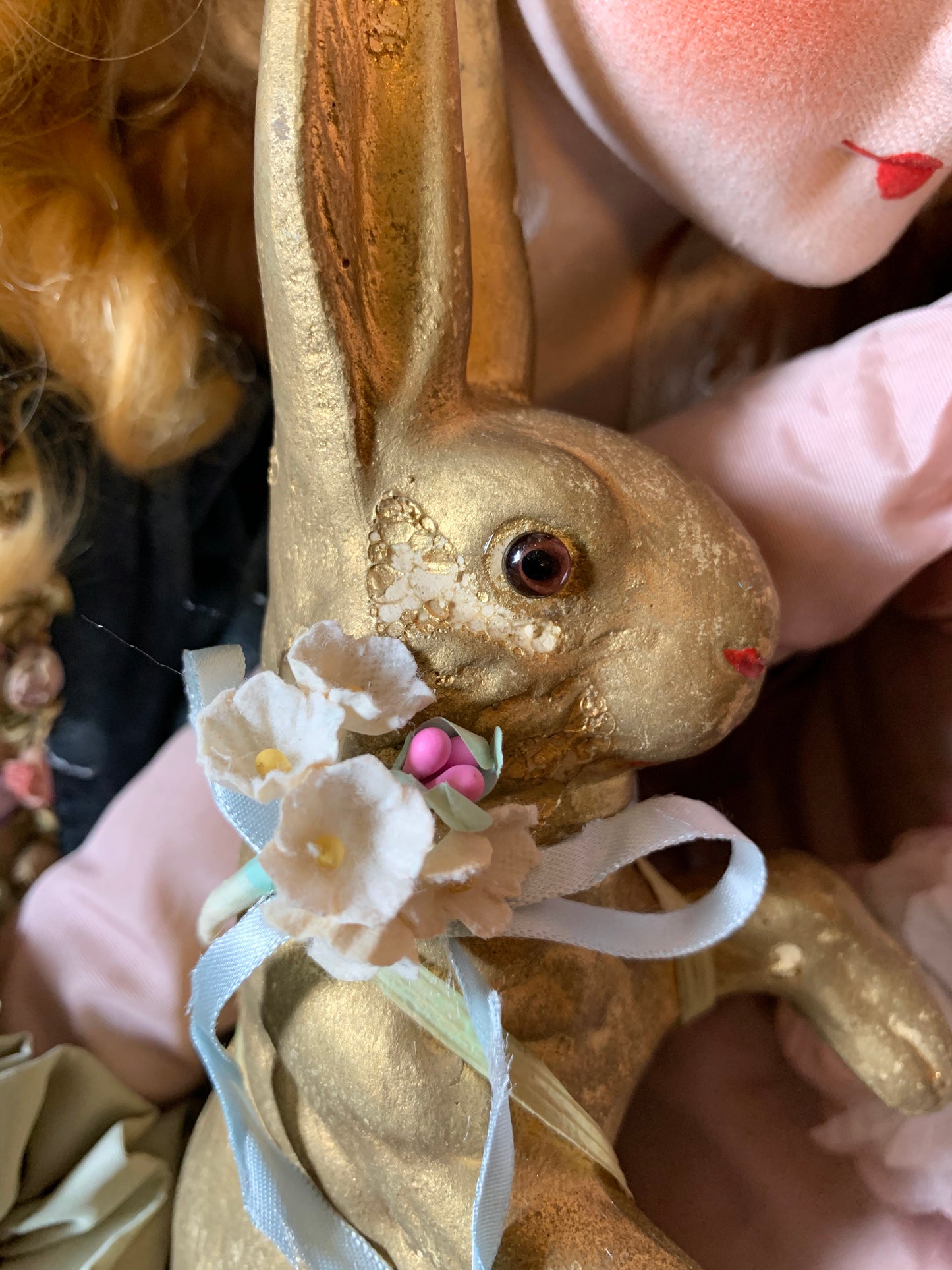 Vintage gold Easter rabbit bunny decoration with glass eyes