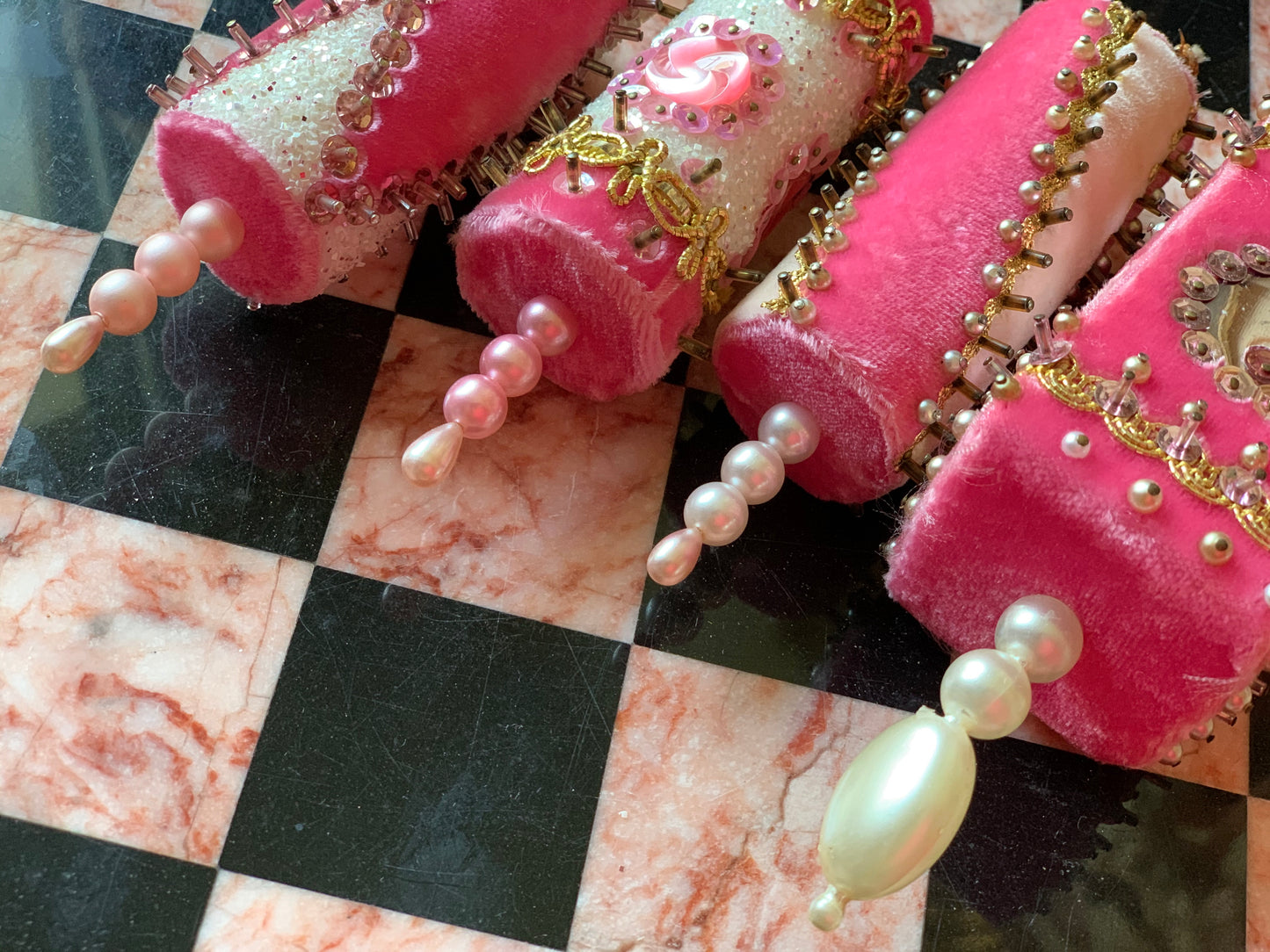 Vintage set pink velvet beaded handmade retro Christmas ornaments