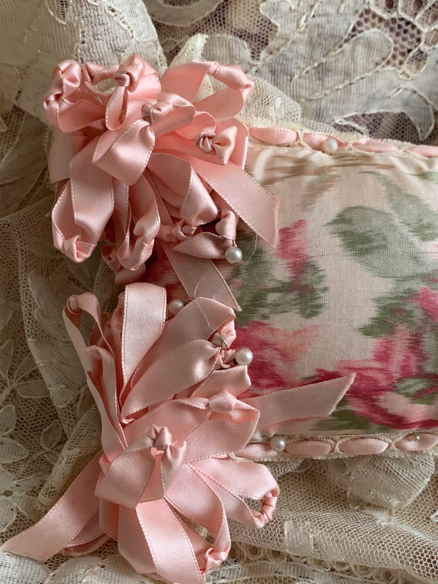 Vintage pink silk ribbon stuffed pincushion