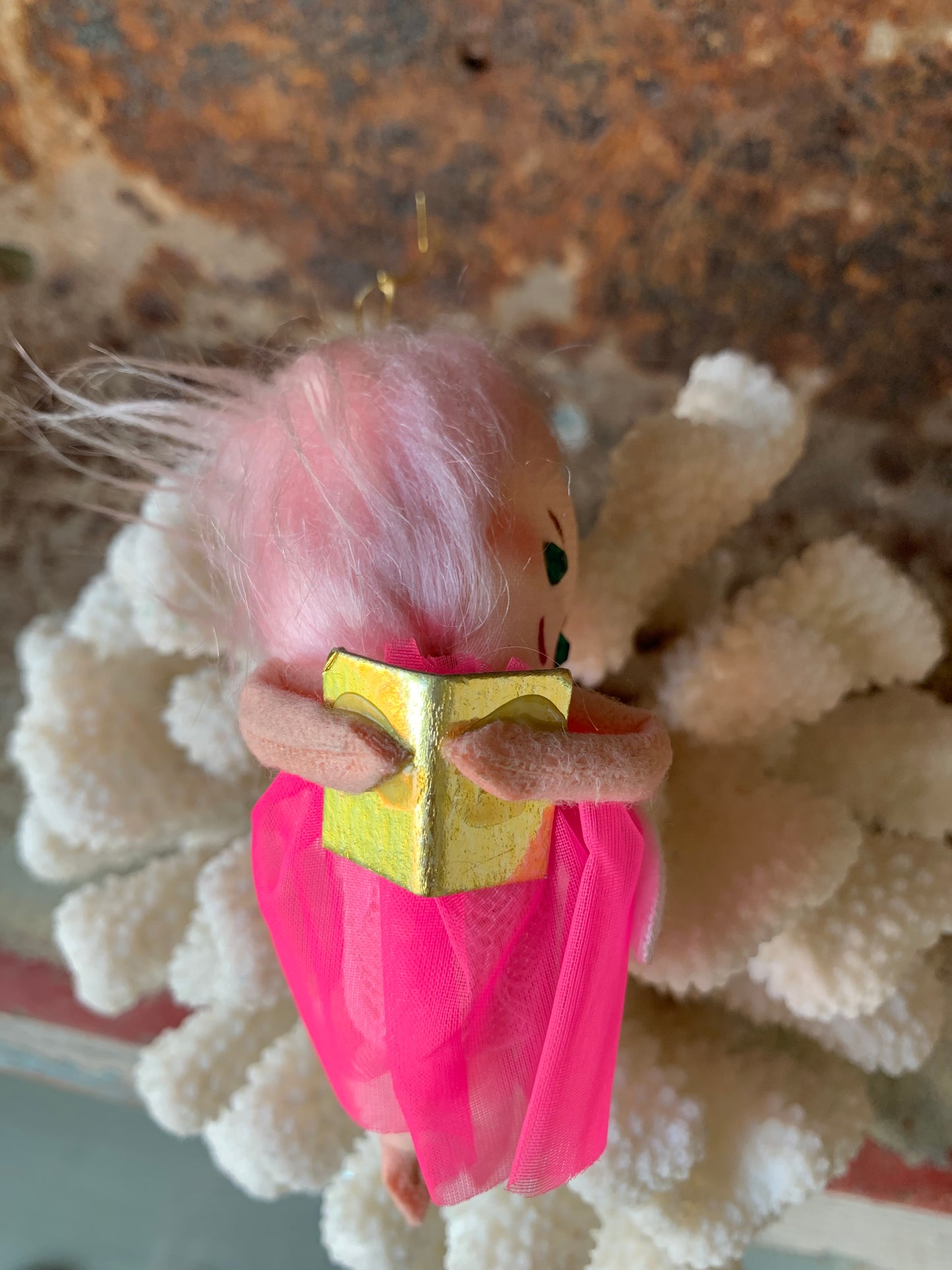 Vintage mini pink hair angel ornament Christmas pixie